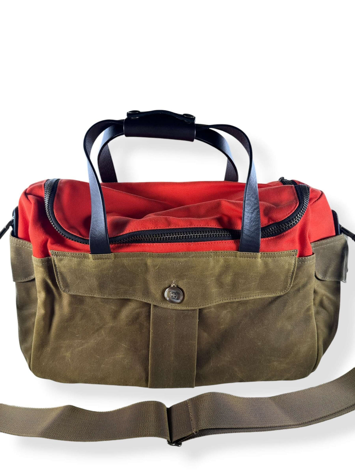 Close-up of Filson Heritage Sportsman Bag Orange Dark Tan NWOT