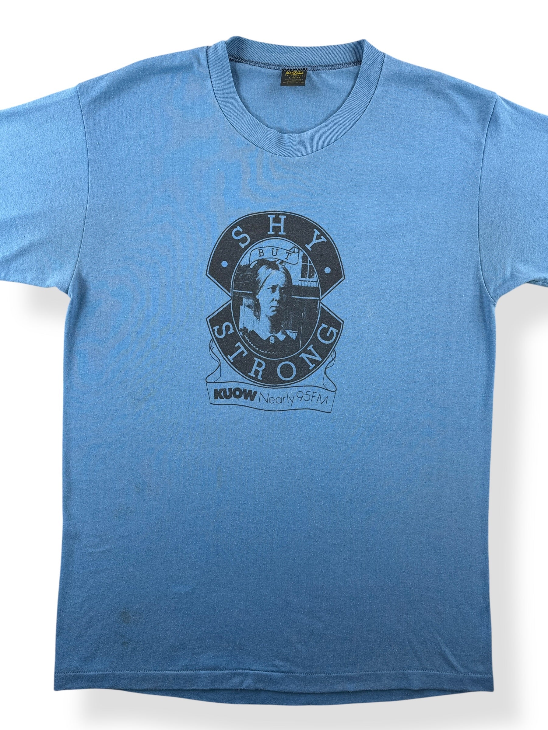 Front Close Up of Vintage Shy But Strong KUOW Tee SZ L (Fits M)
