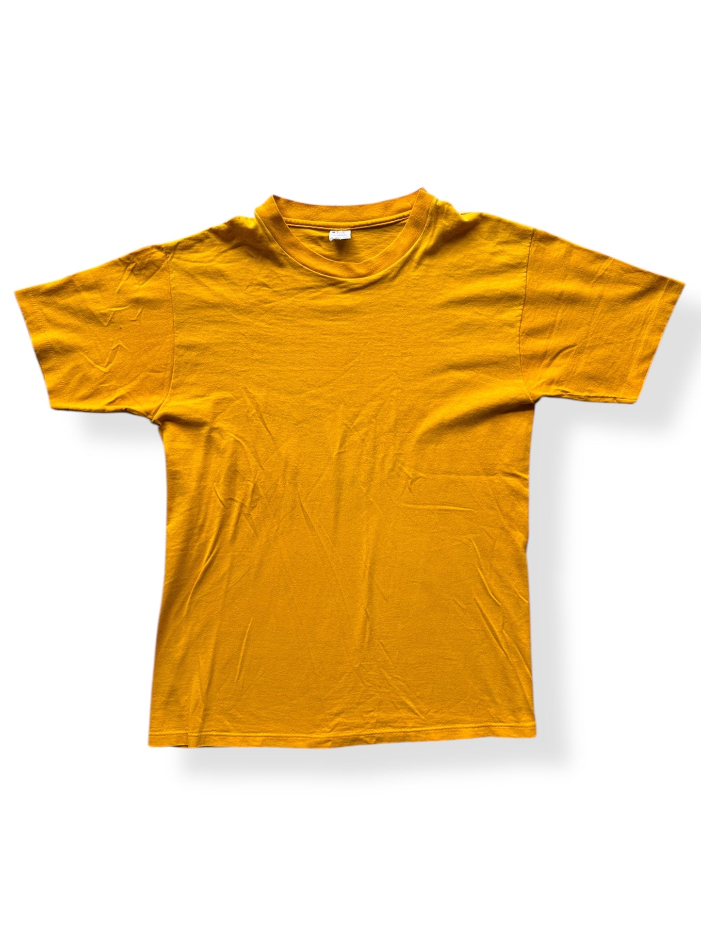 Front of Vintage Champion Blue Bar Mustard Blank Tee SZ L