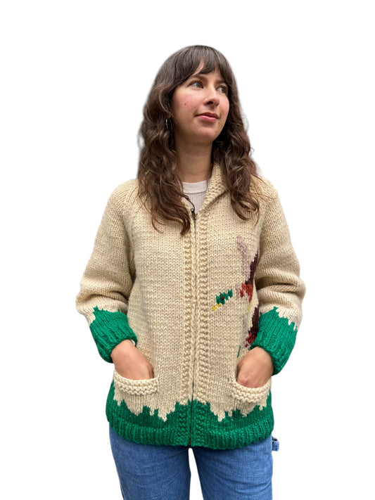 Front model shot of Vintage Duck Themed Cowichan Style Sweater SZ M