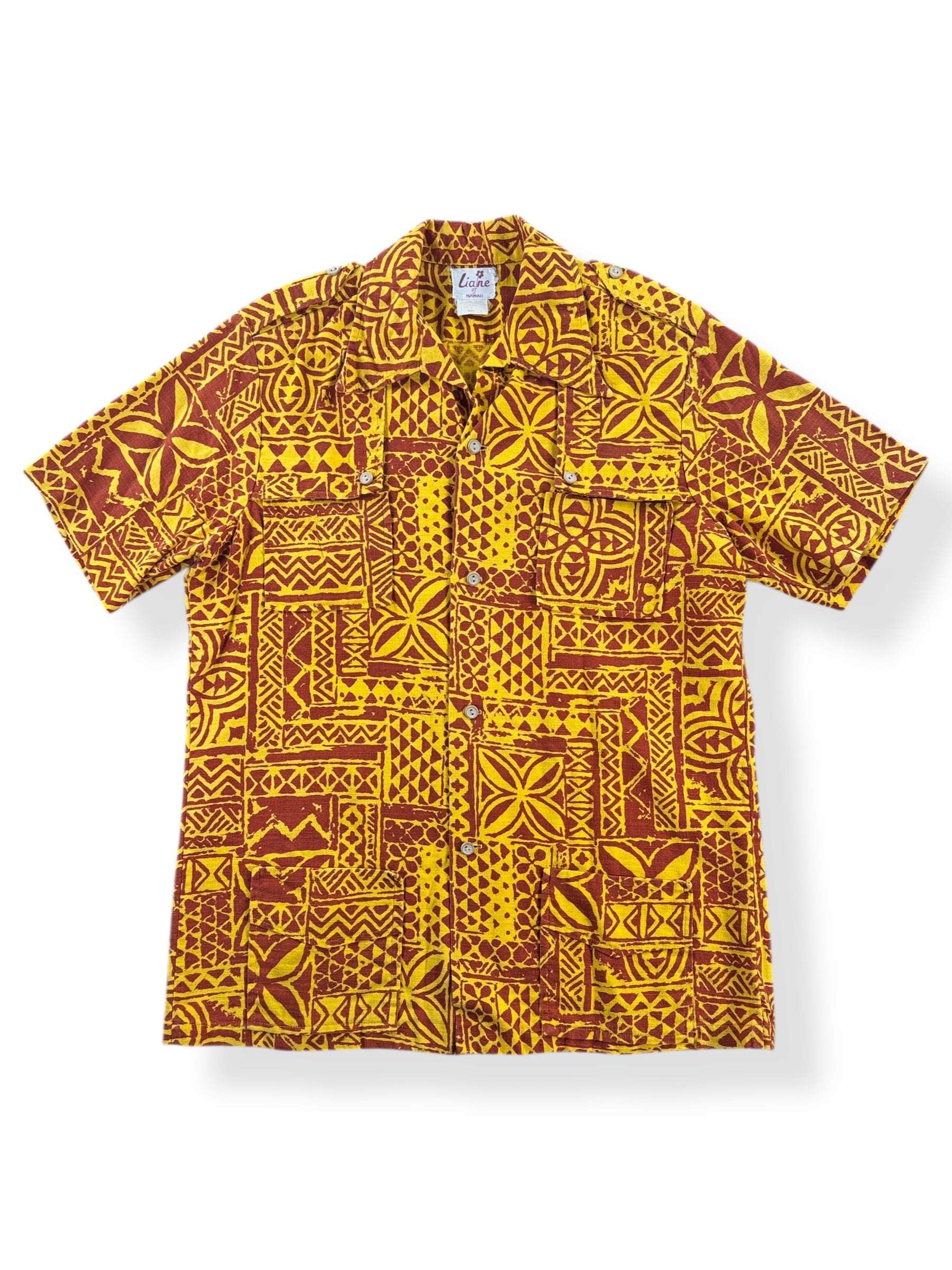 Front of Vintage Liane Bark Cloth Aloha Shirt SZ L