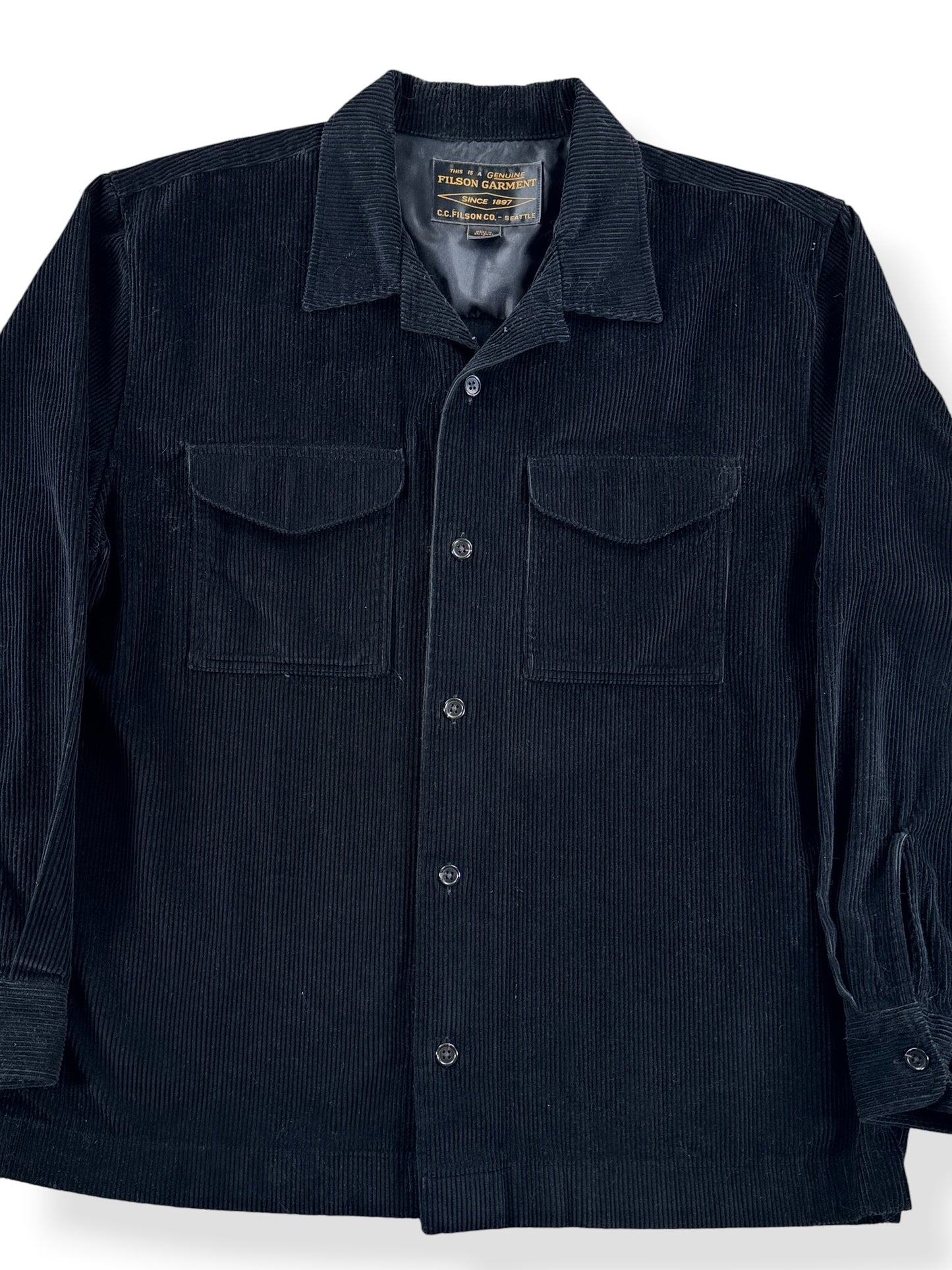 Front Close Up of Filson Black Corduroy Shirt Jacket SZ L
