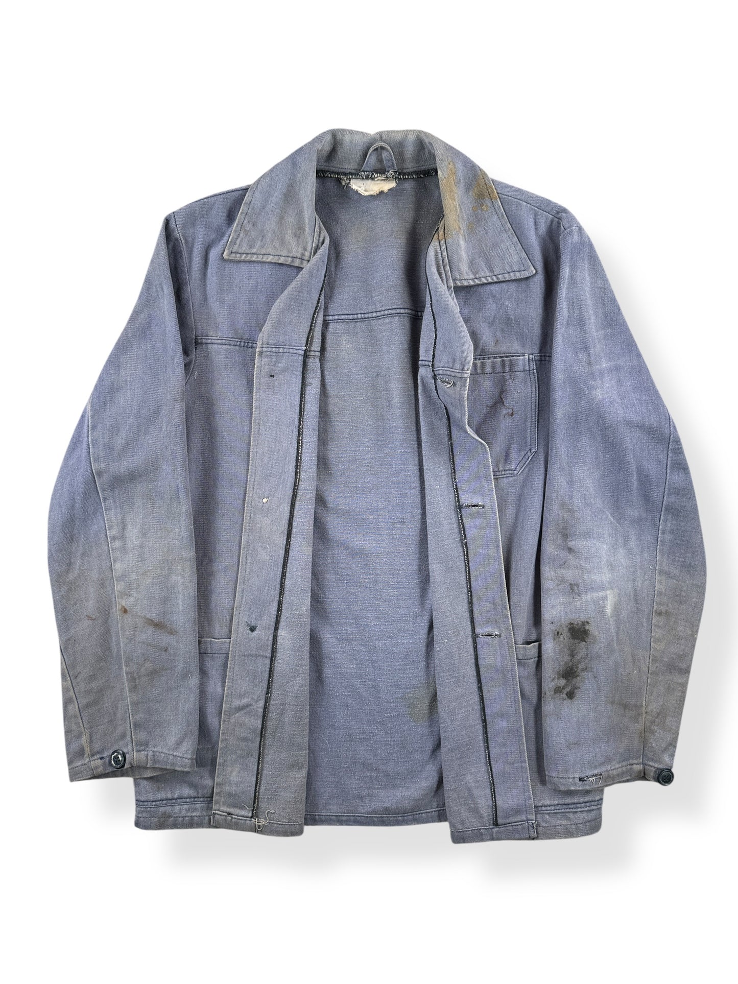 Inside of Vintage Greyish Blue French Chore Coat SZ M