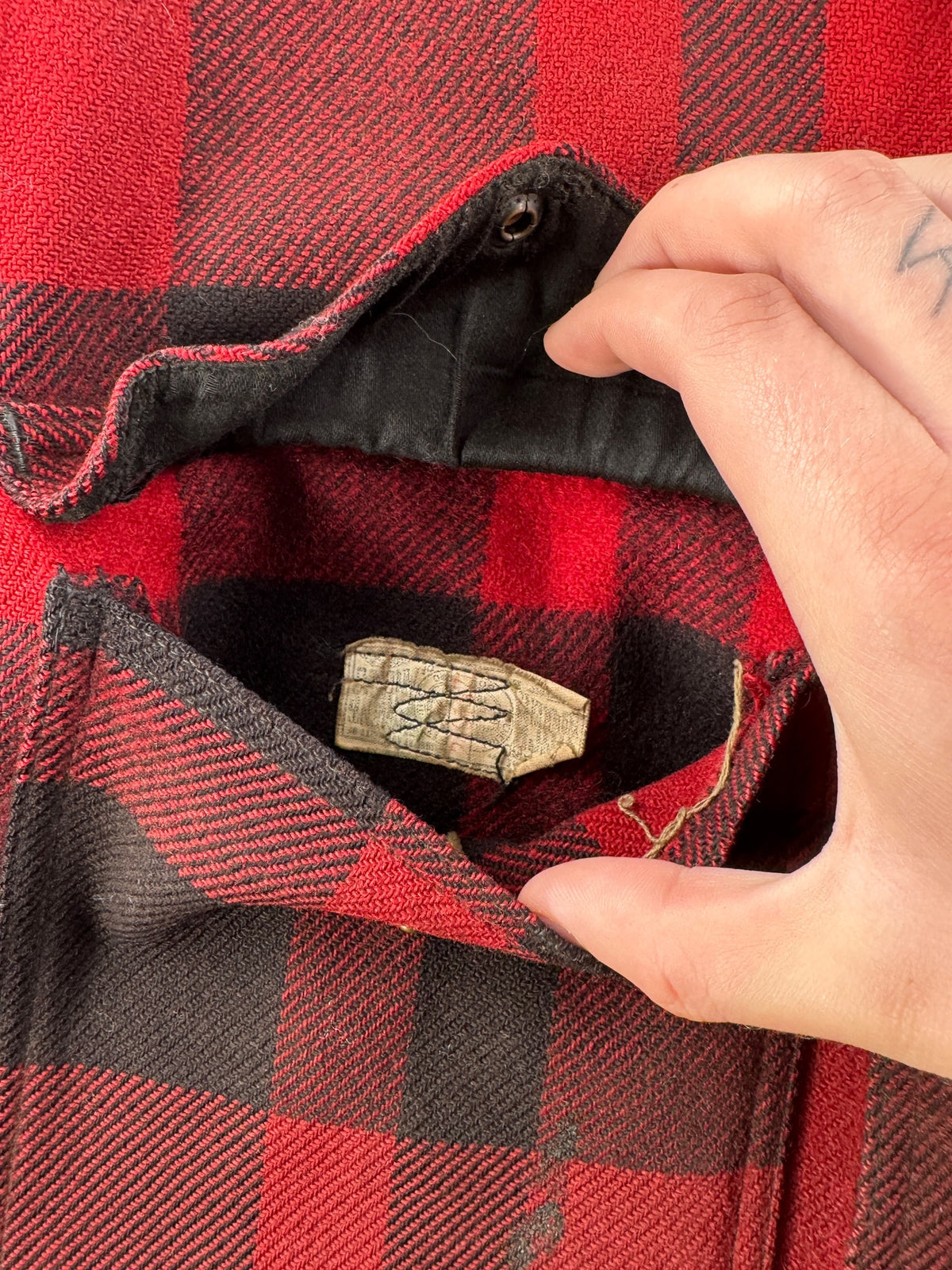 Inside of front pocket on Vintage 40s Era Filson Wool Mackinaw Cruiser Jacket SZ L