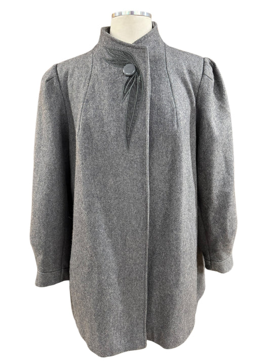 Front view of 80s Does 40s Gray Wool Blend Coat with Appliqué L