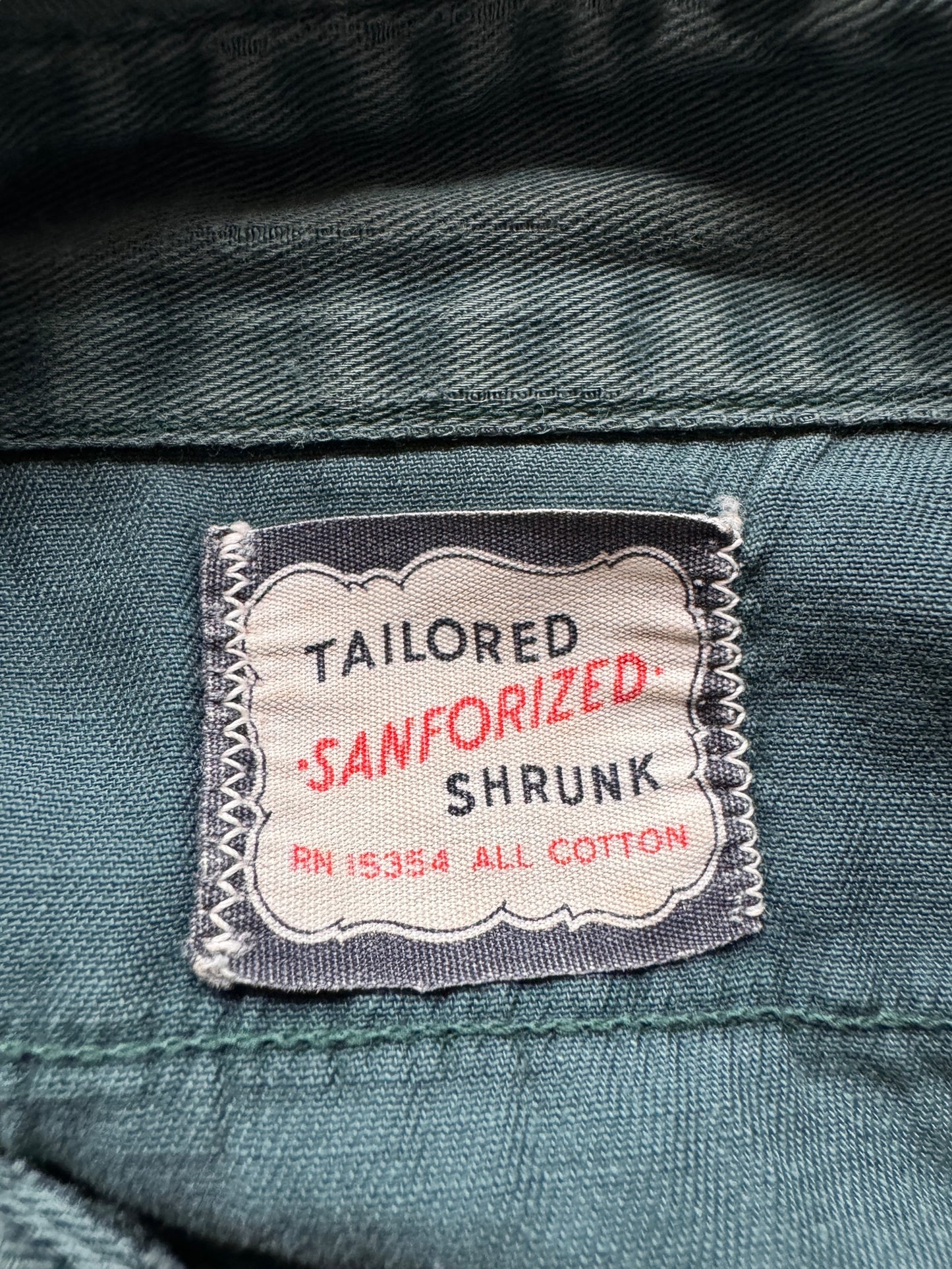 Tag on Vintage Thrashed & Repaired Sanforized Green Work Shirt SZ L