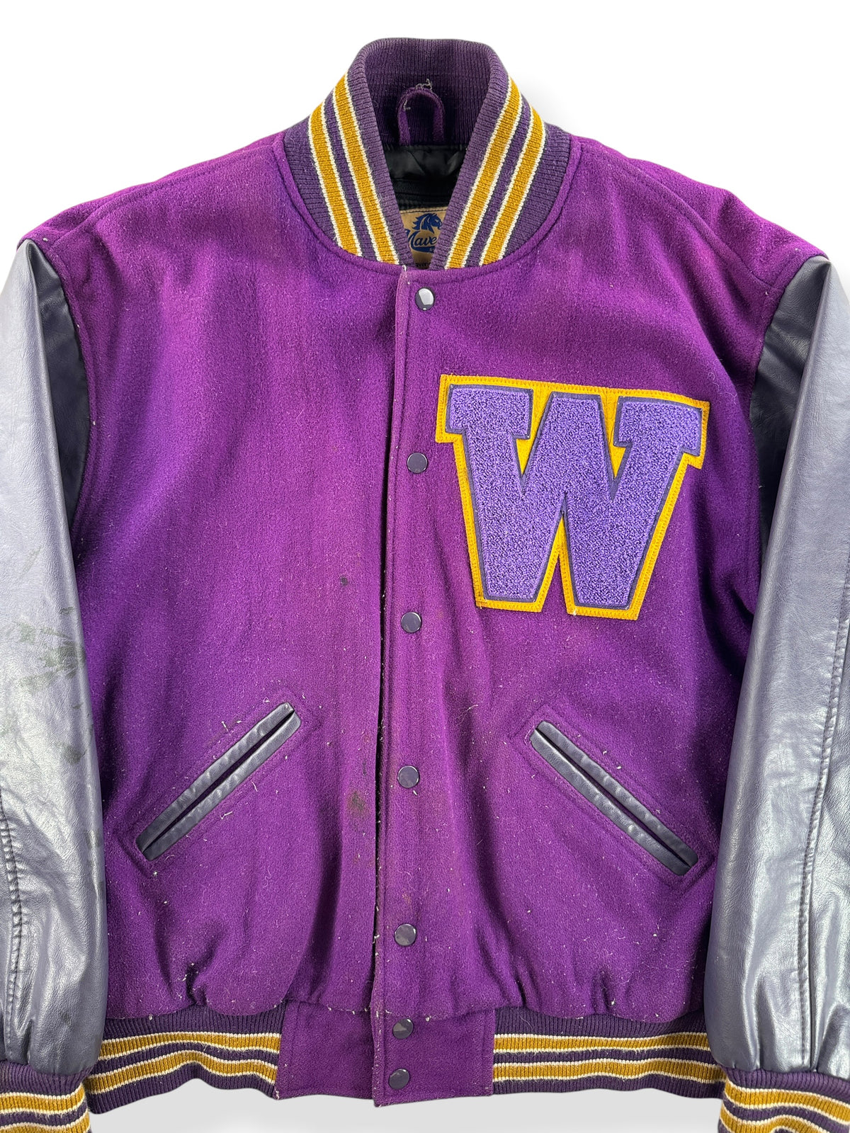 Close-up of Vintage Maverick UW Distressed Varsity Jacket SZ L