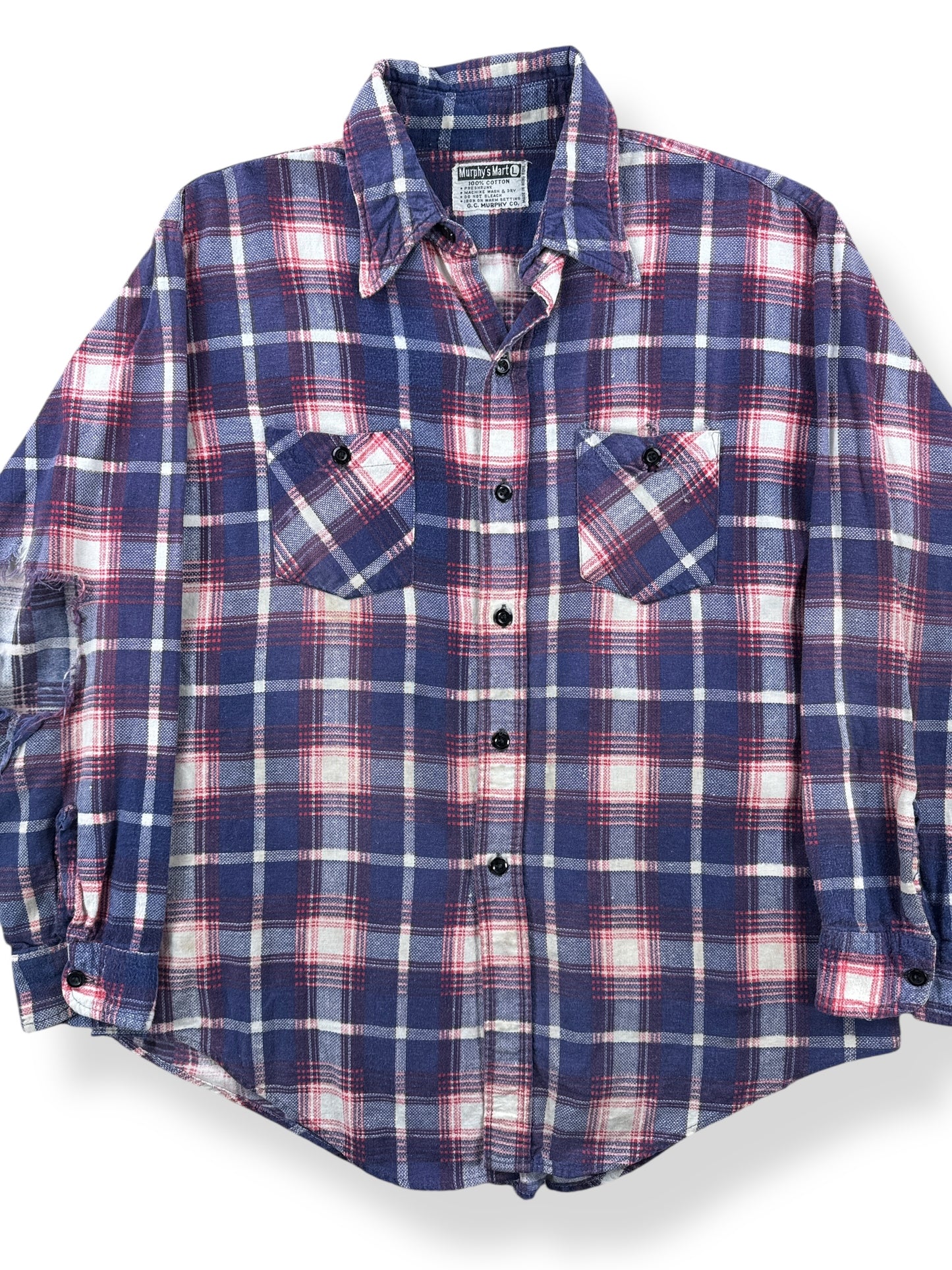 Front Close Up of Vintage Murphy's Mart Cotton Flannel SZ L AS IS