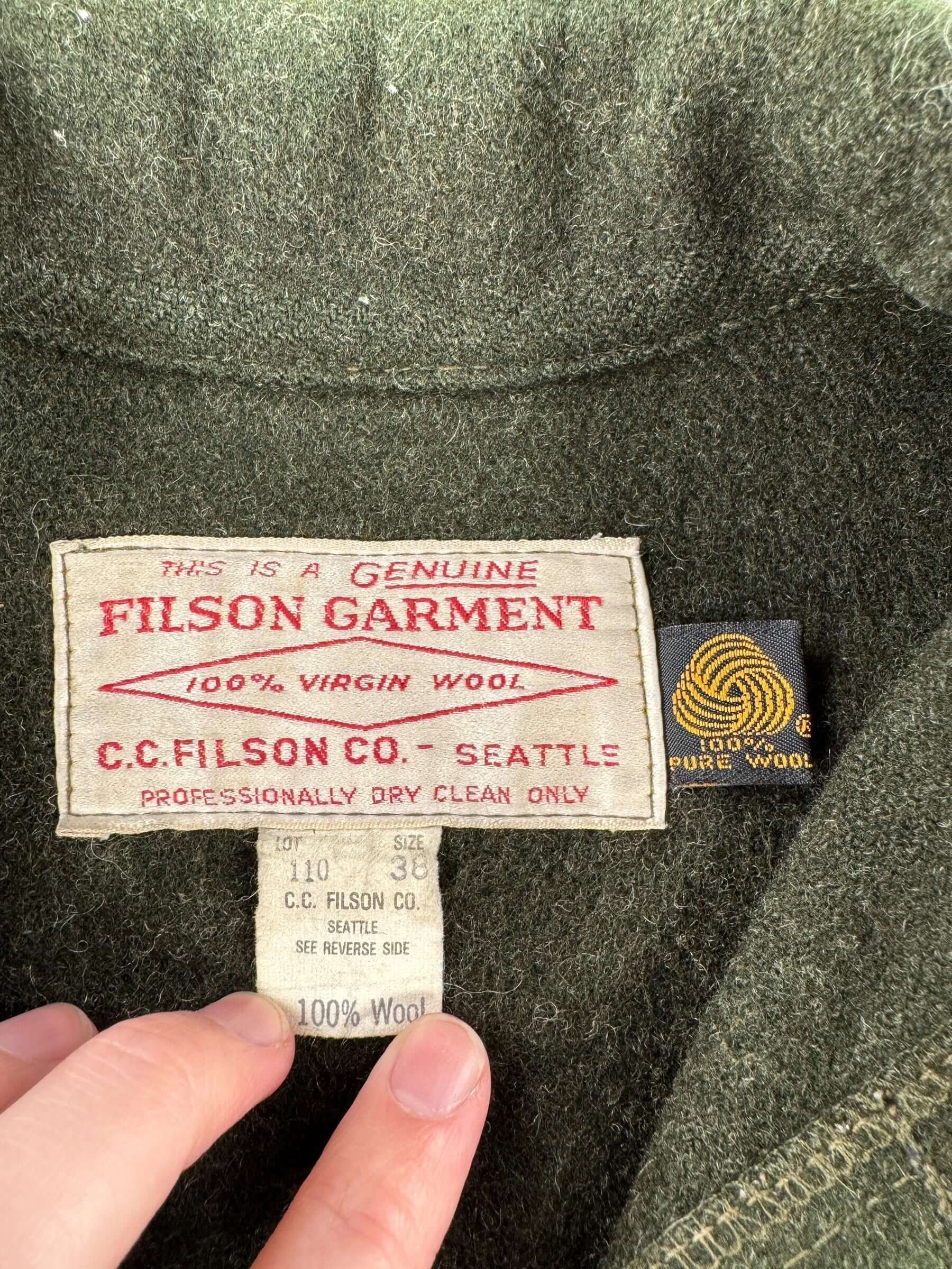Label on Vintage 80s Era Filson Forest Green Mackinaw Cruiser Jacket SZ 38