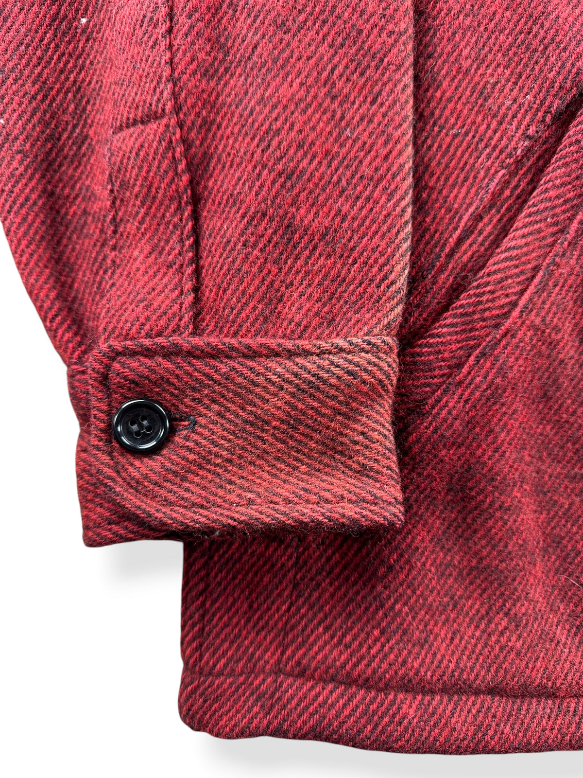 Minor sun fading on cuff of Vintage Red Woolrich Mackinaw Jacket SZ M