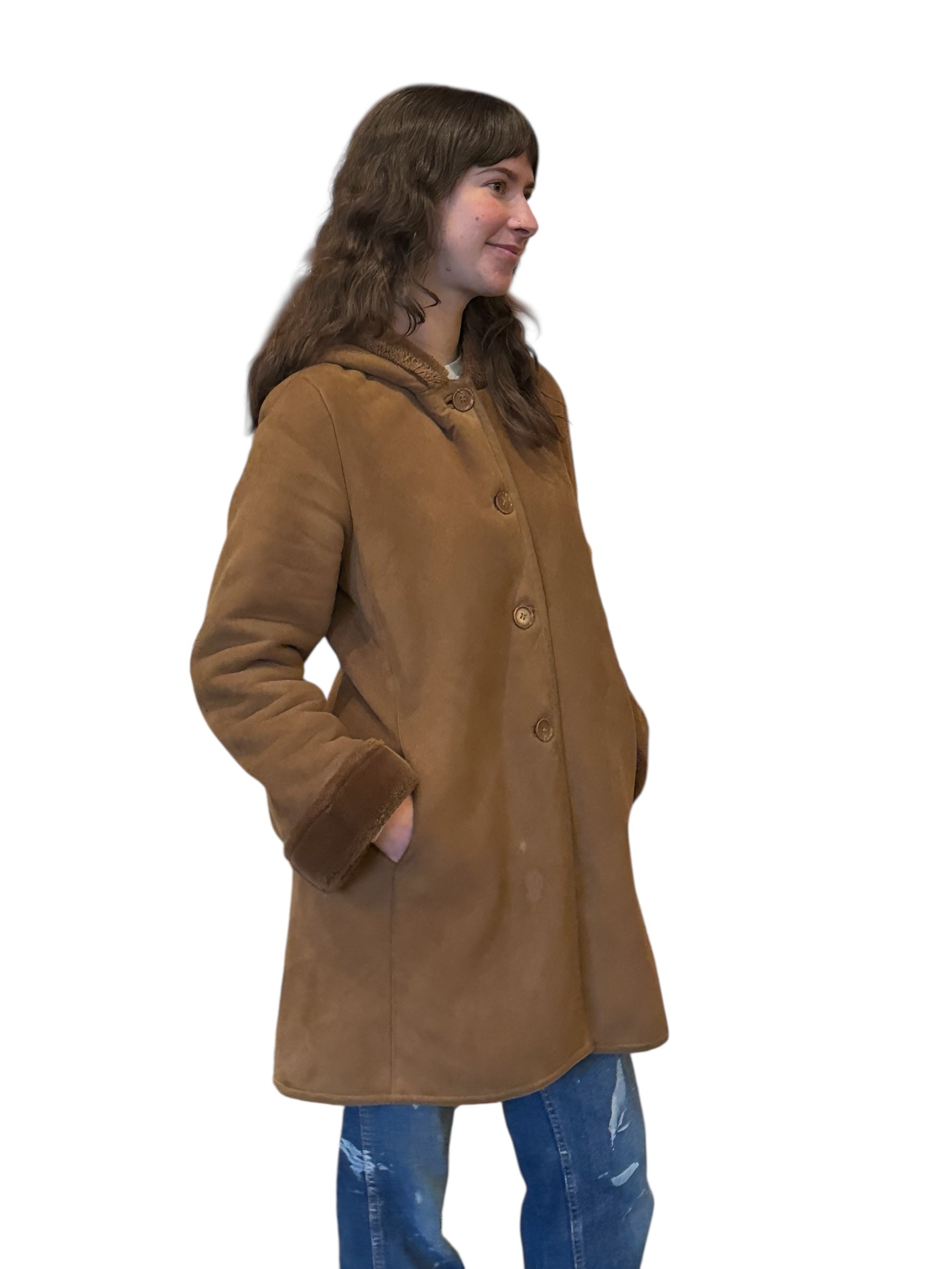 Side view of Vintage Denali Suede/Shearling Coat SZ M