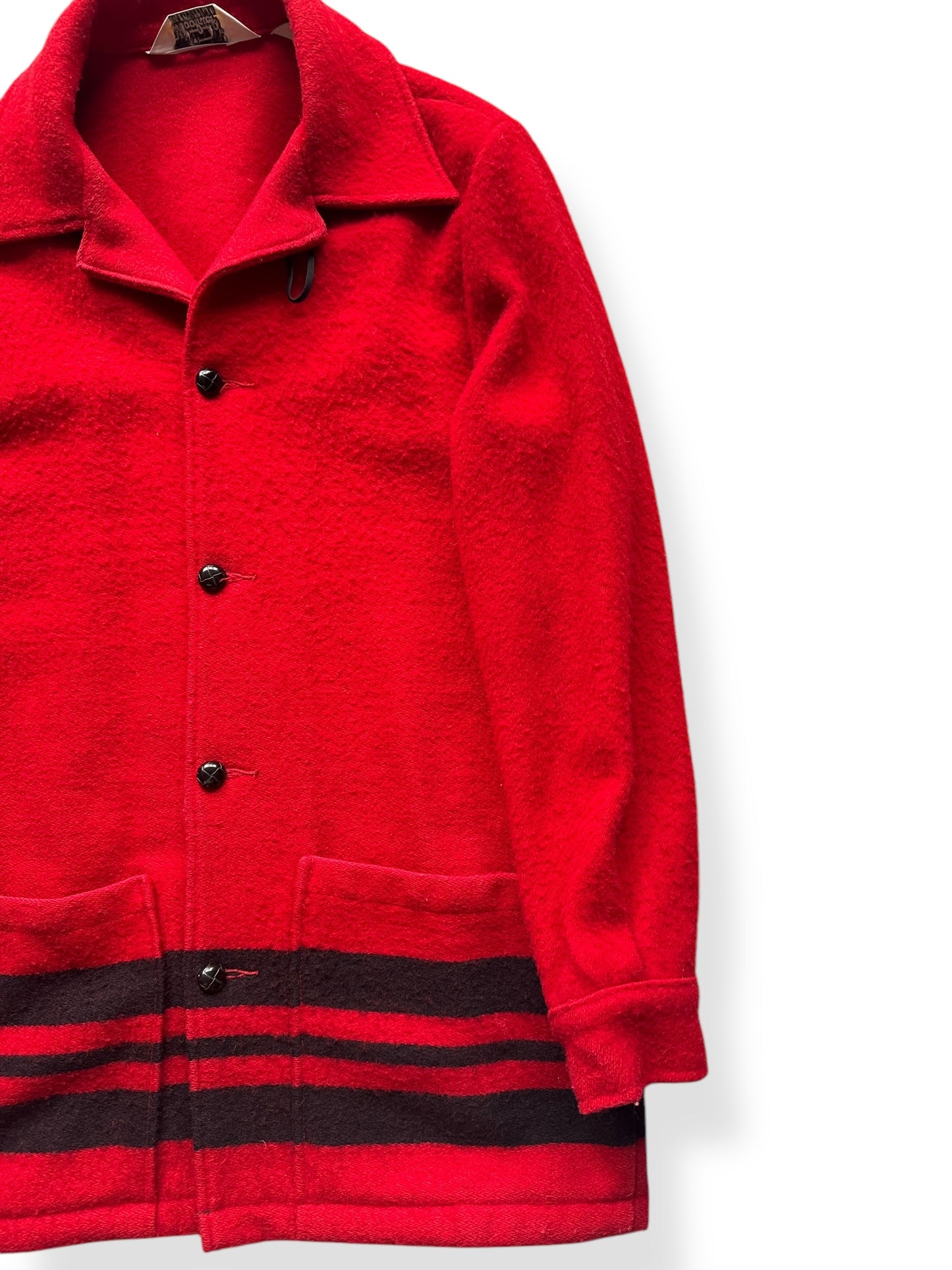 Front Left of Vintage Woolrich Striped Red Blanket Coat SZ M