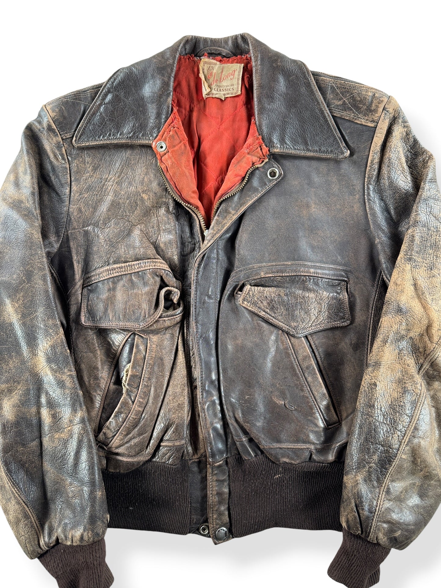 Front Close Up of Vintage Delong Sportswear Horsehide Leather Jacket SZ 40