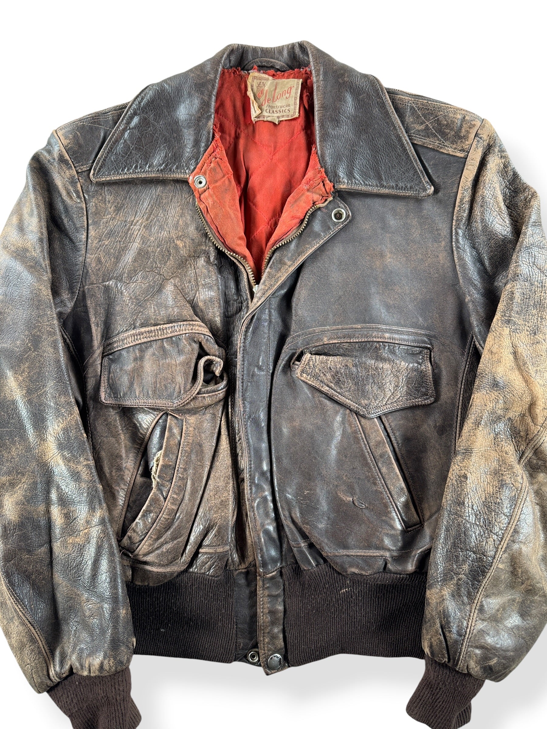Front Close Up of Vintage Delong Sportswear Horsehide Leather Jacket SZ 40