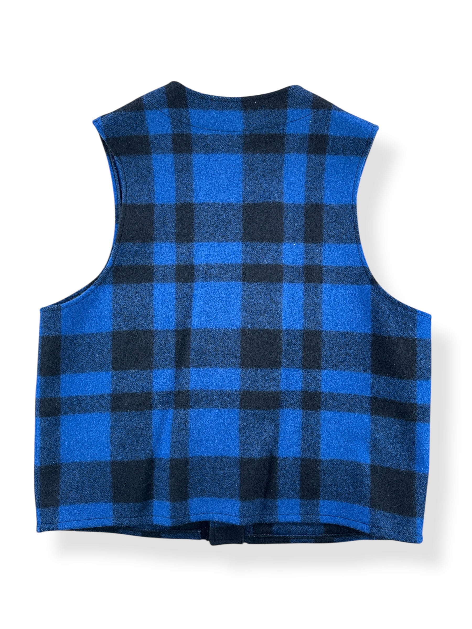 Back of Vintage Filson Cobalt Blue and Black Mackinaw Wool Vest SZ 48