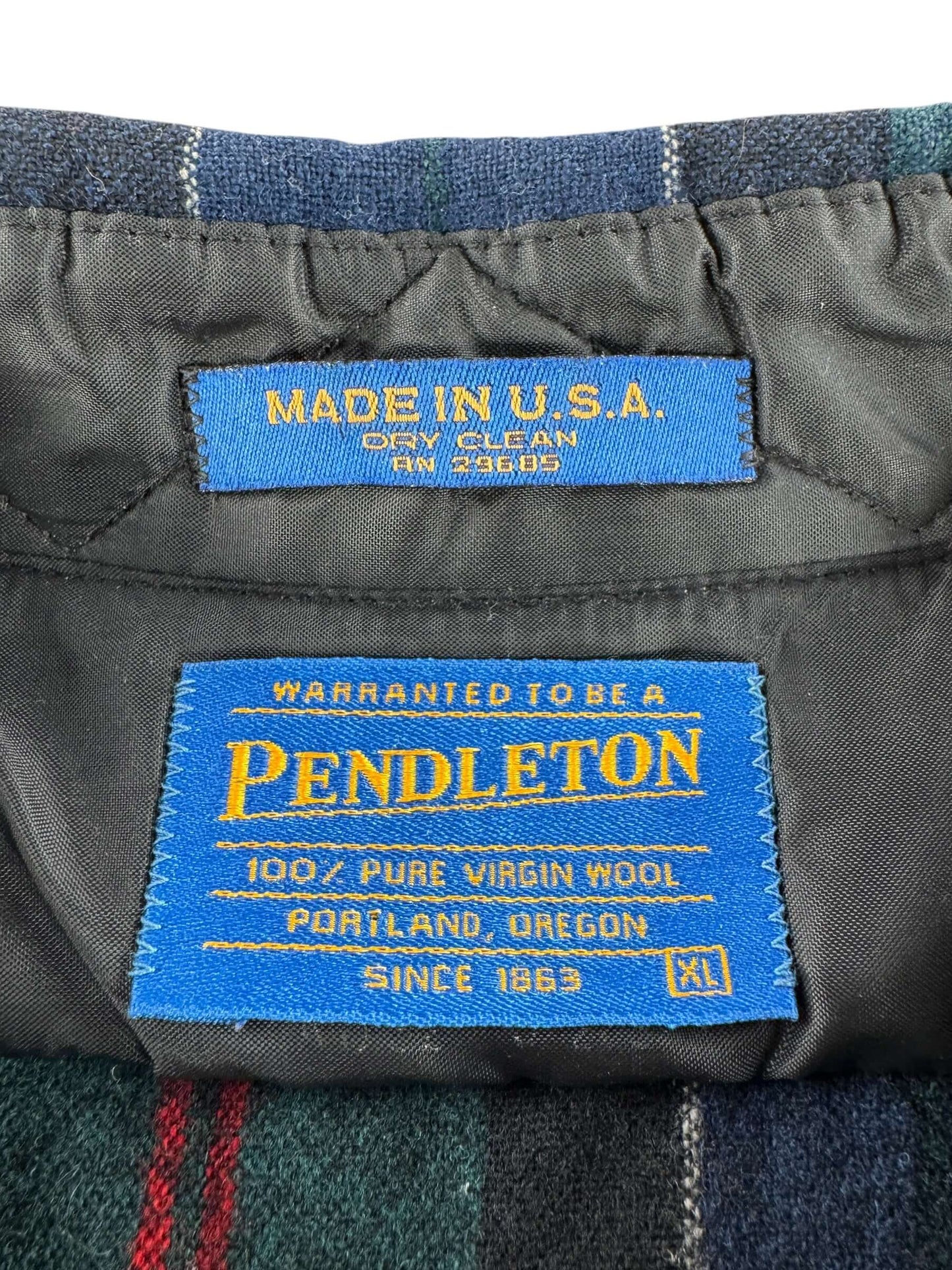 Label on Vintage Green & Navy Pendleton Flannel W/ Elbow Patches SZ XL