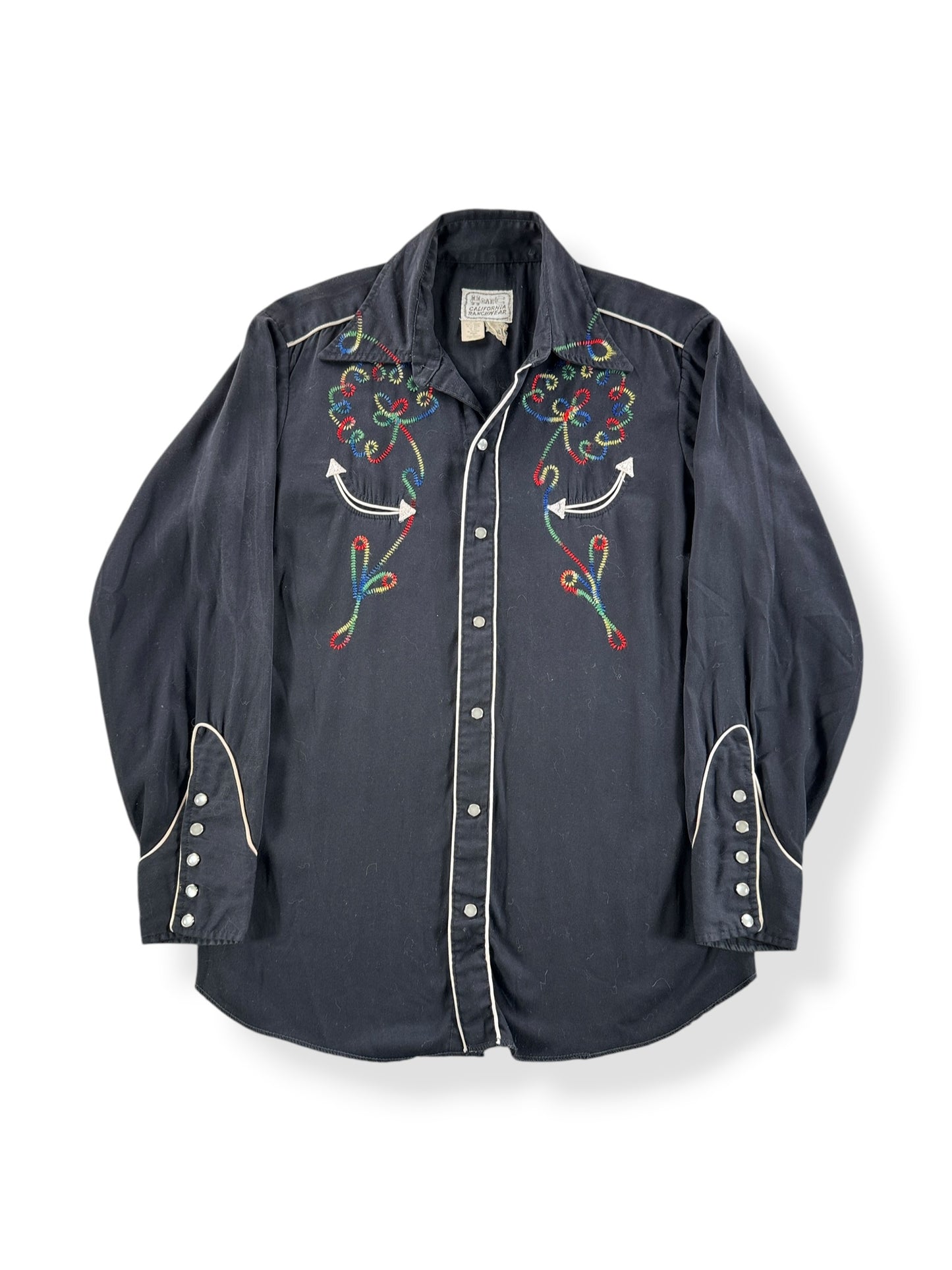 Front of Vintage H Bar C Embroidered Black Pearlsnap SZ M