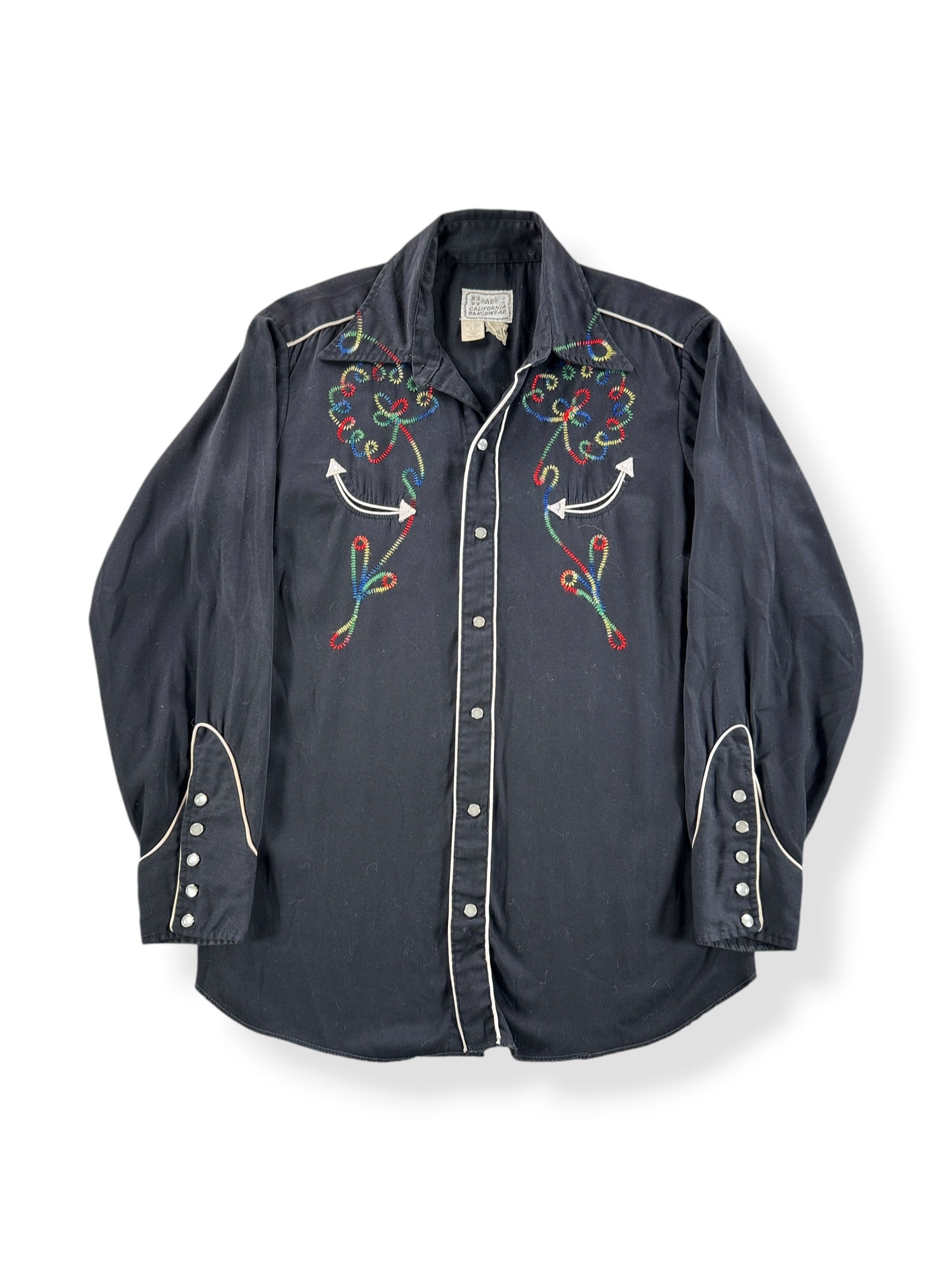Front of Vintage H Bar C Embroidered Black Pearlsnap SZ M