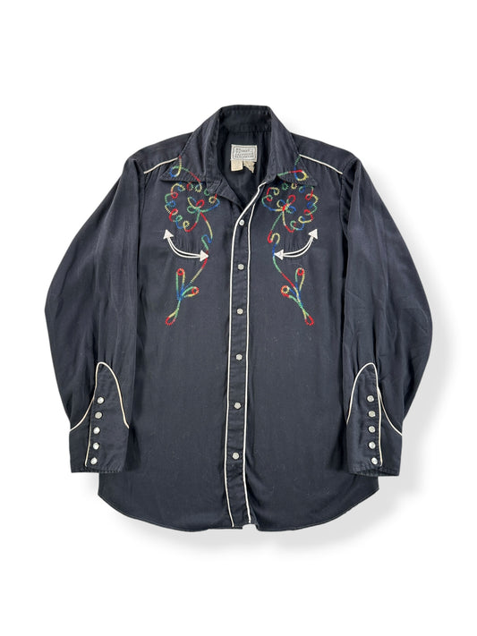 Front of Vintage H Bar C Embroidered Black Pearlsnap SZ M