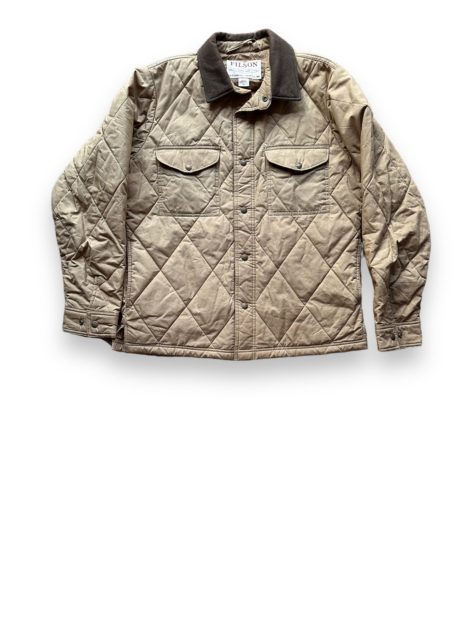 Front View of Filson Hyder Quilted Jac Primaloft Waxed Jacket SZ M |  Barn Owl Vintage Goods | Vintage Filson Workwear Seattle