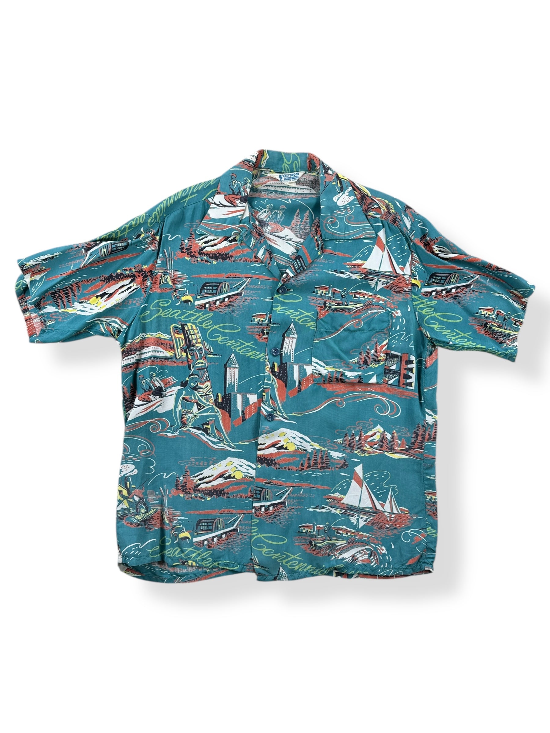 Front of Vintage Blue Driftwood Seattle Centennial Aloha Shirt SZ M