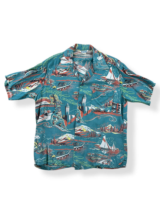 Front of Vintage Blue Driftwood Seattle Centennial Aloha Shirt SZ M