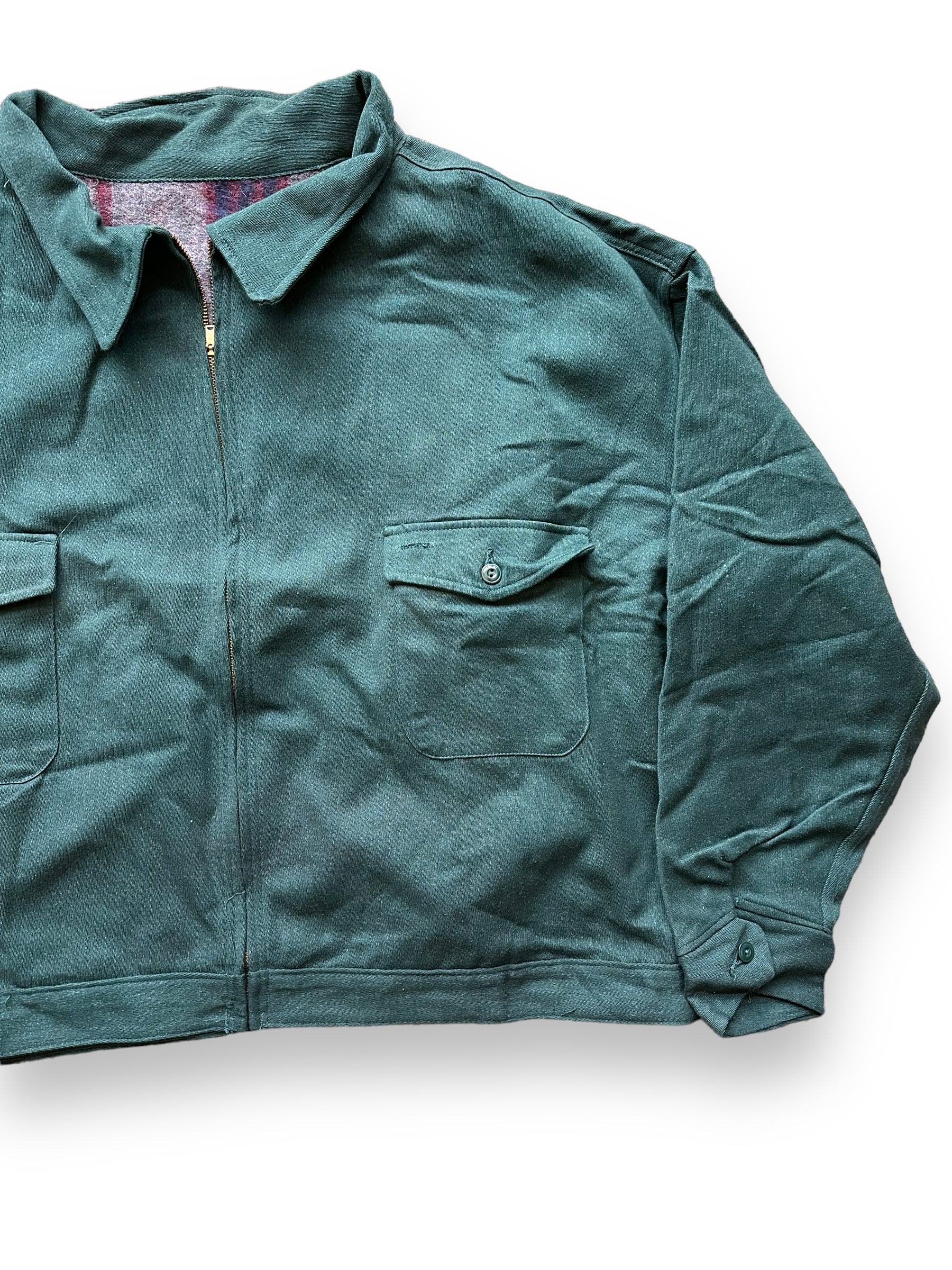 Front Left View of Vintage Green Blanket Lined Gas Station Jacket SZ 56 | Vintage Workwear Jacket Seattle | Seattle Vintage Clothing