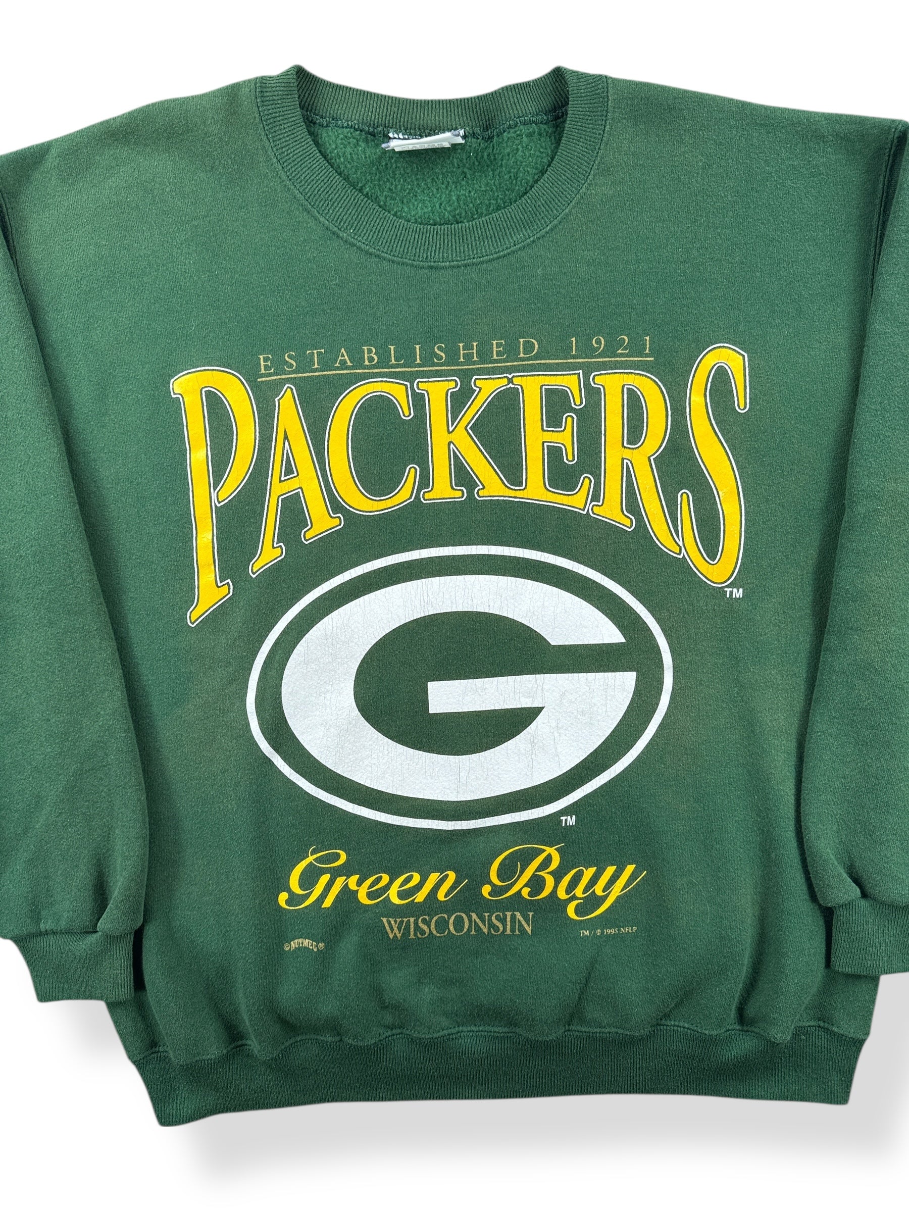 Front Close Up of Vintage Green Bay Packers Crewneck SZ L