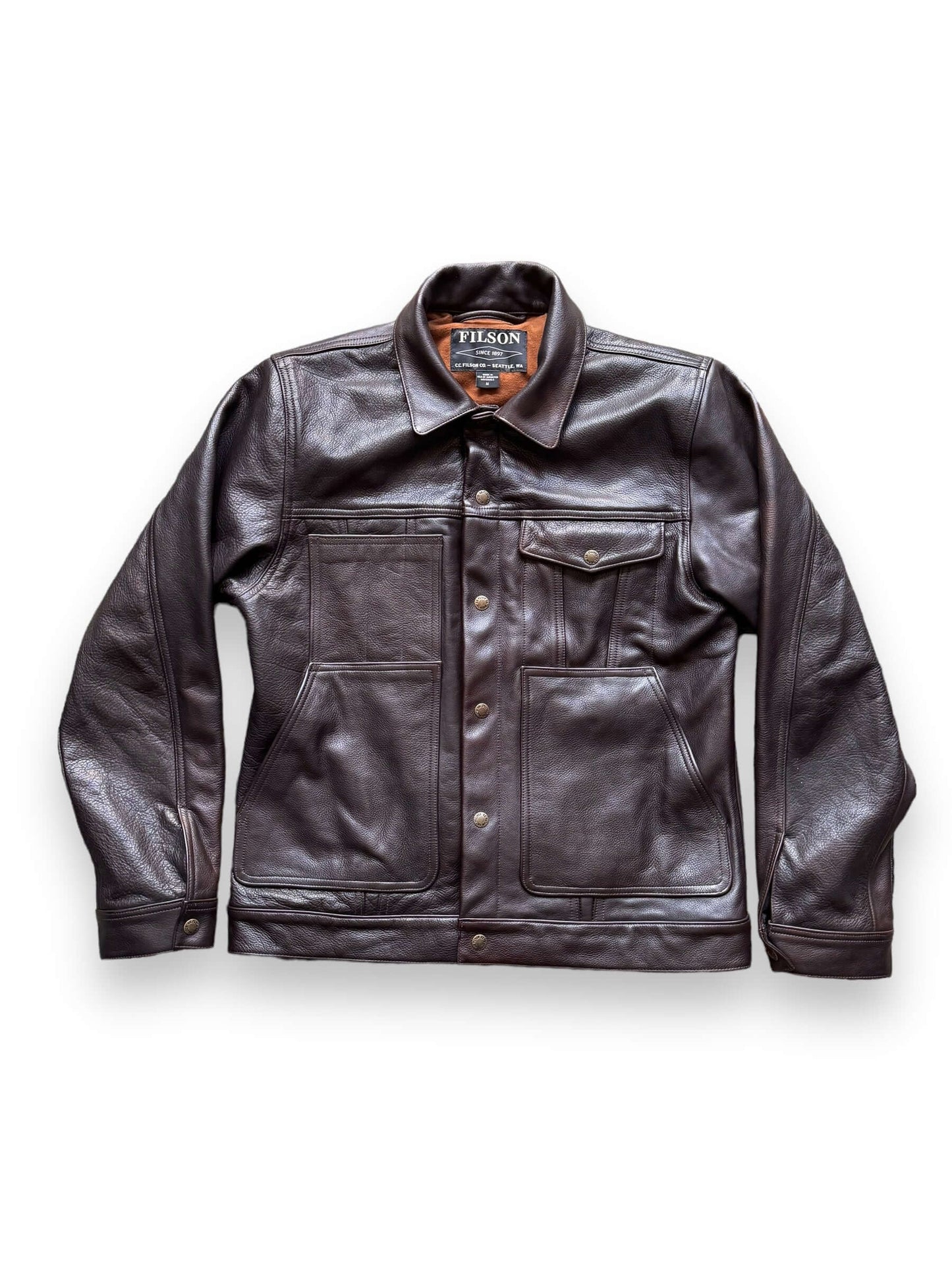 front of Filson Leather Short Lined Cruiser Jacket SZ M