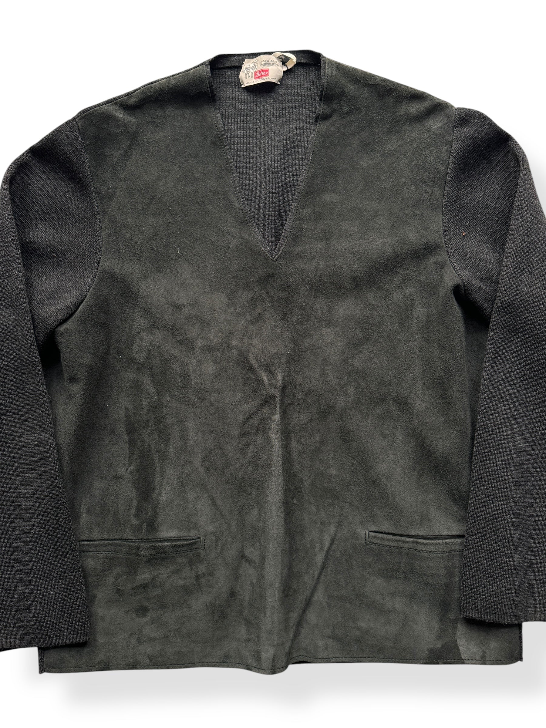 Front Close Up of Vintage Beltex Merino Wool/Suede Pullover SZ L