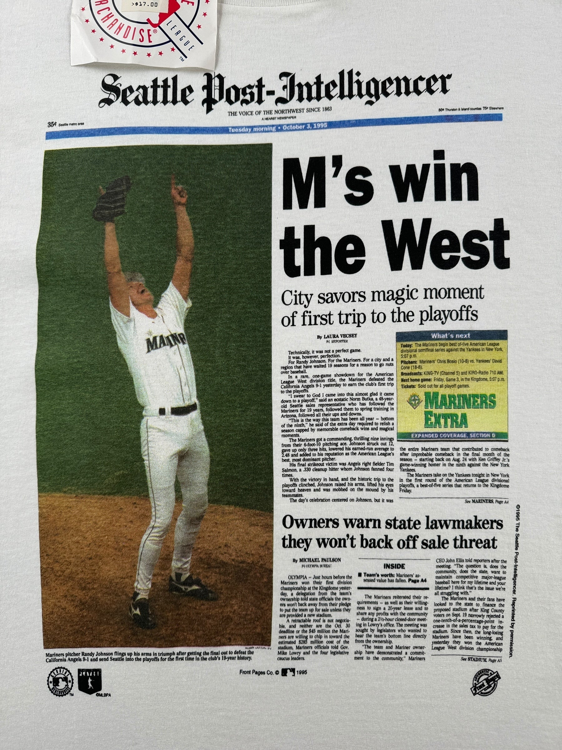 Graphic of Vintage Seattle Mariners Win The West 1995 Tee SZ L