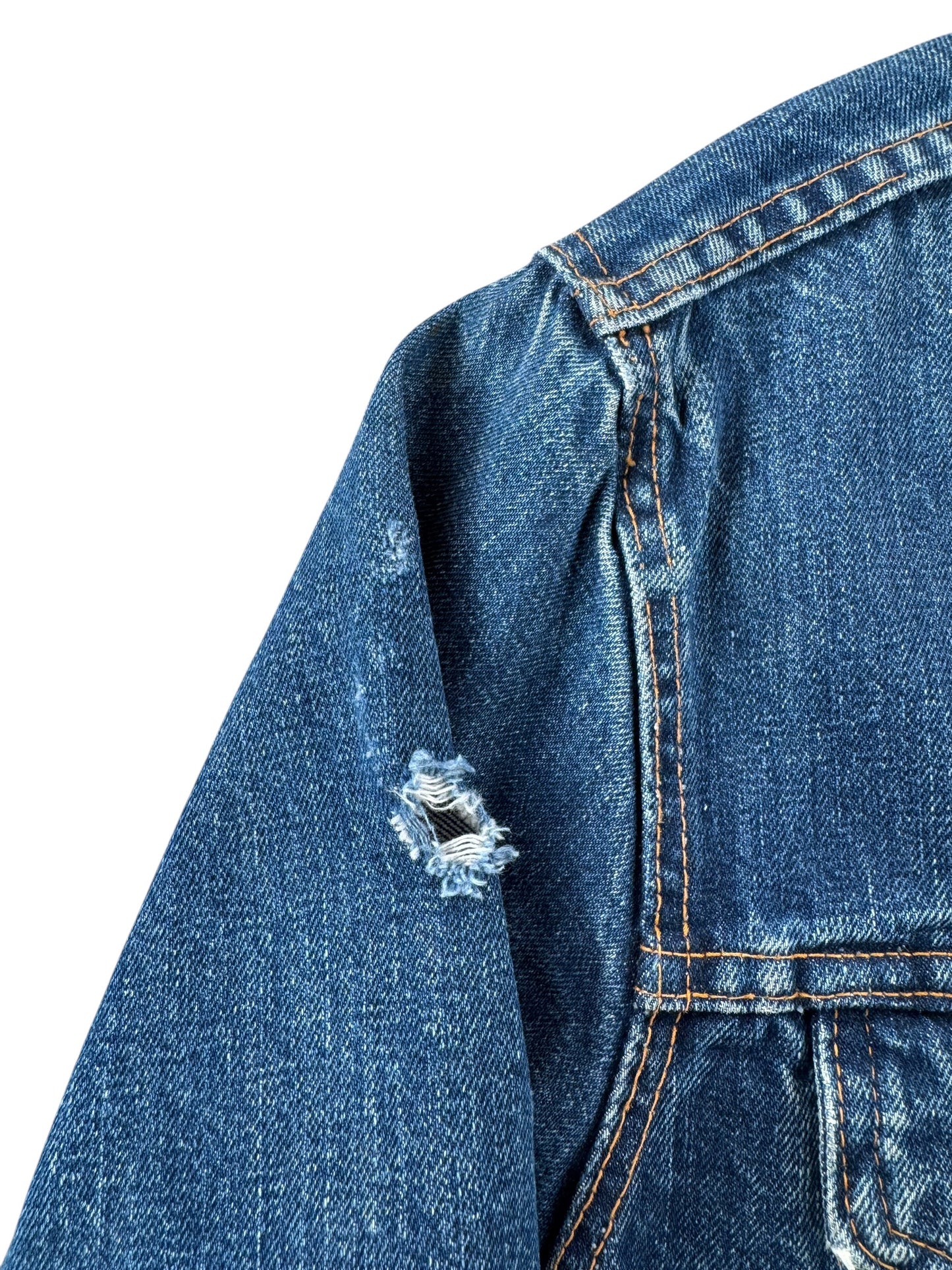 Hole on Vintage Dark Wash Big E Levis 70505 Trucker Jacket SZ 48