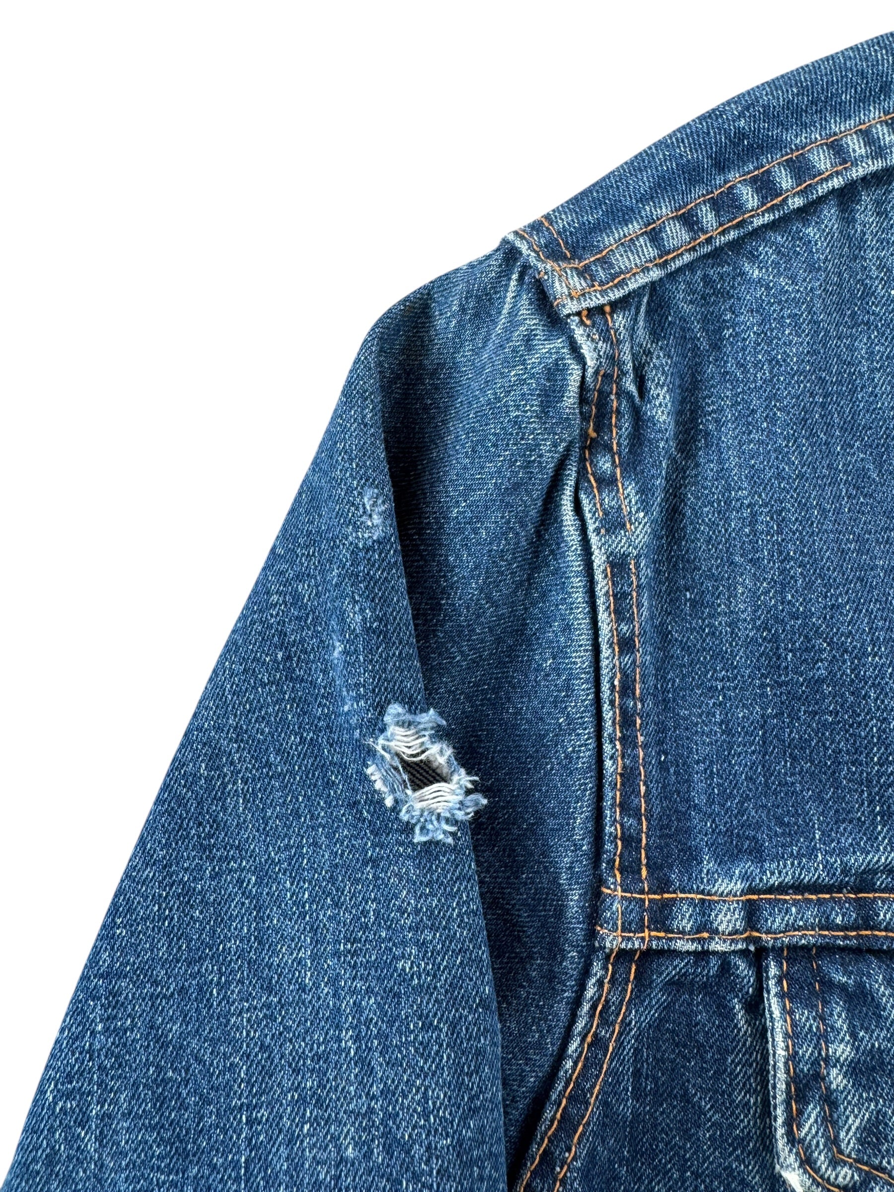 Hole on Vintage Dark Wash Big E Levis 70505 Trucker Jacket SZ 48