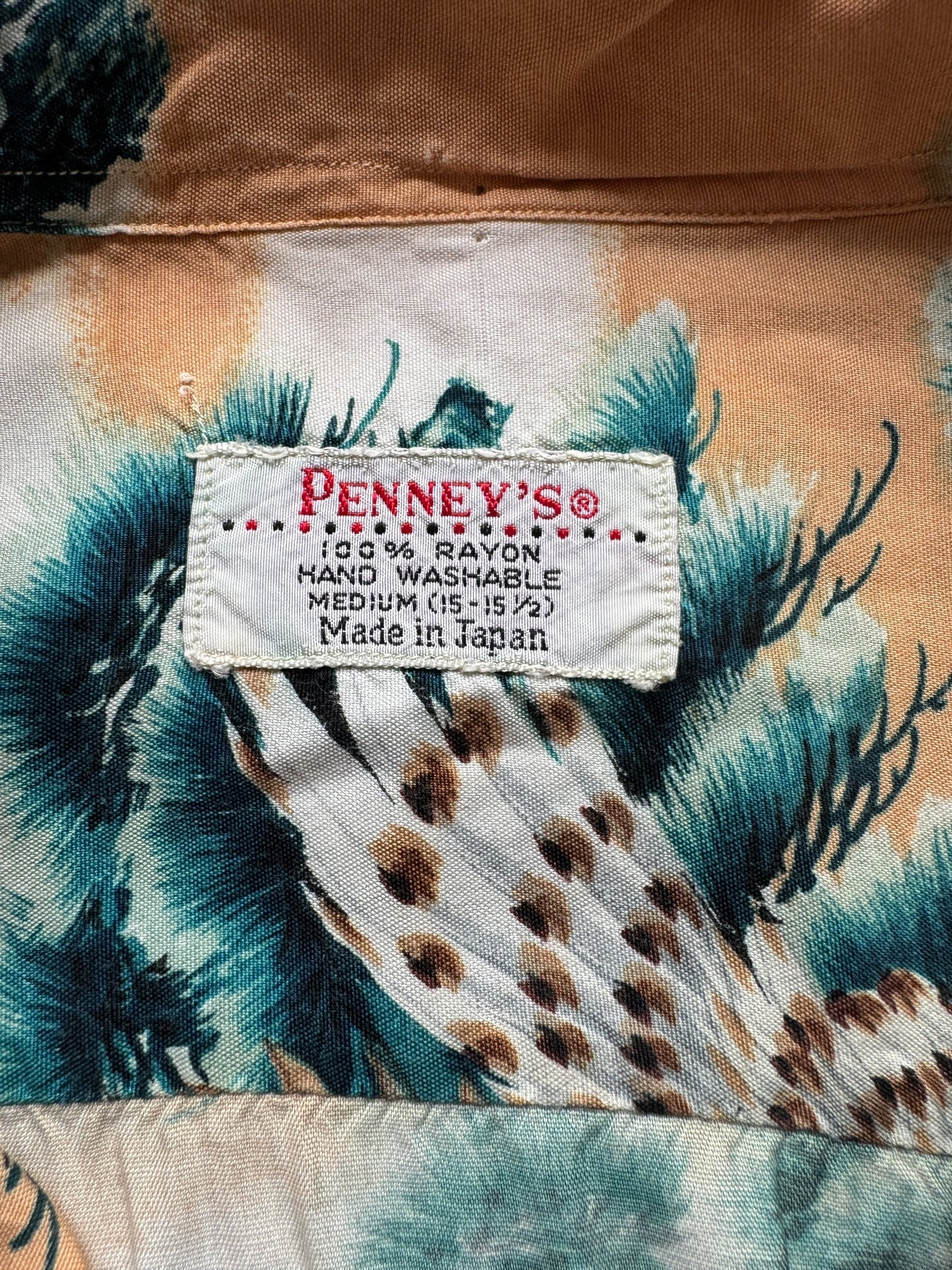 tag on Vintage Made in Japan Eagle Motif Penney's Aloha Shirt SZ M