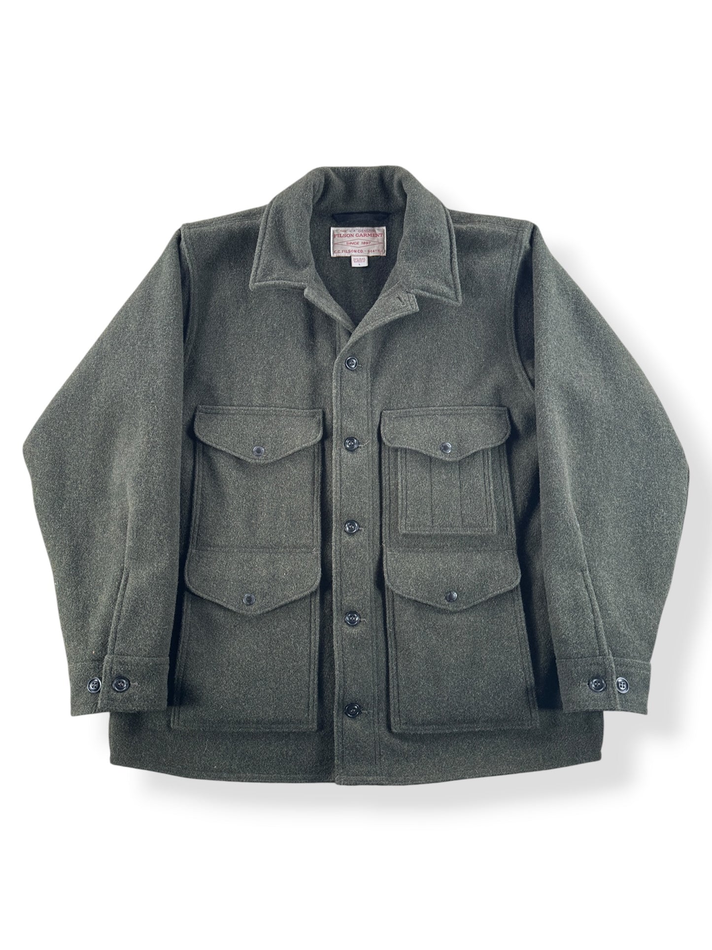 Front of Filson Forest Green Mackinaw Cruiser SZ L