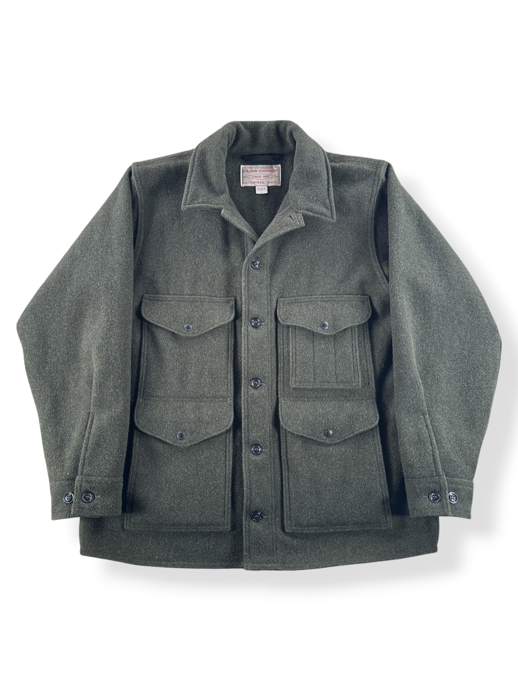 Front of Filson Forest Green Mackinaw Cruiser SZ L