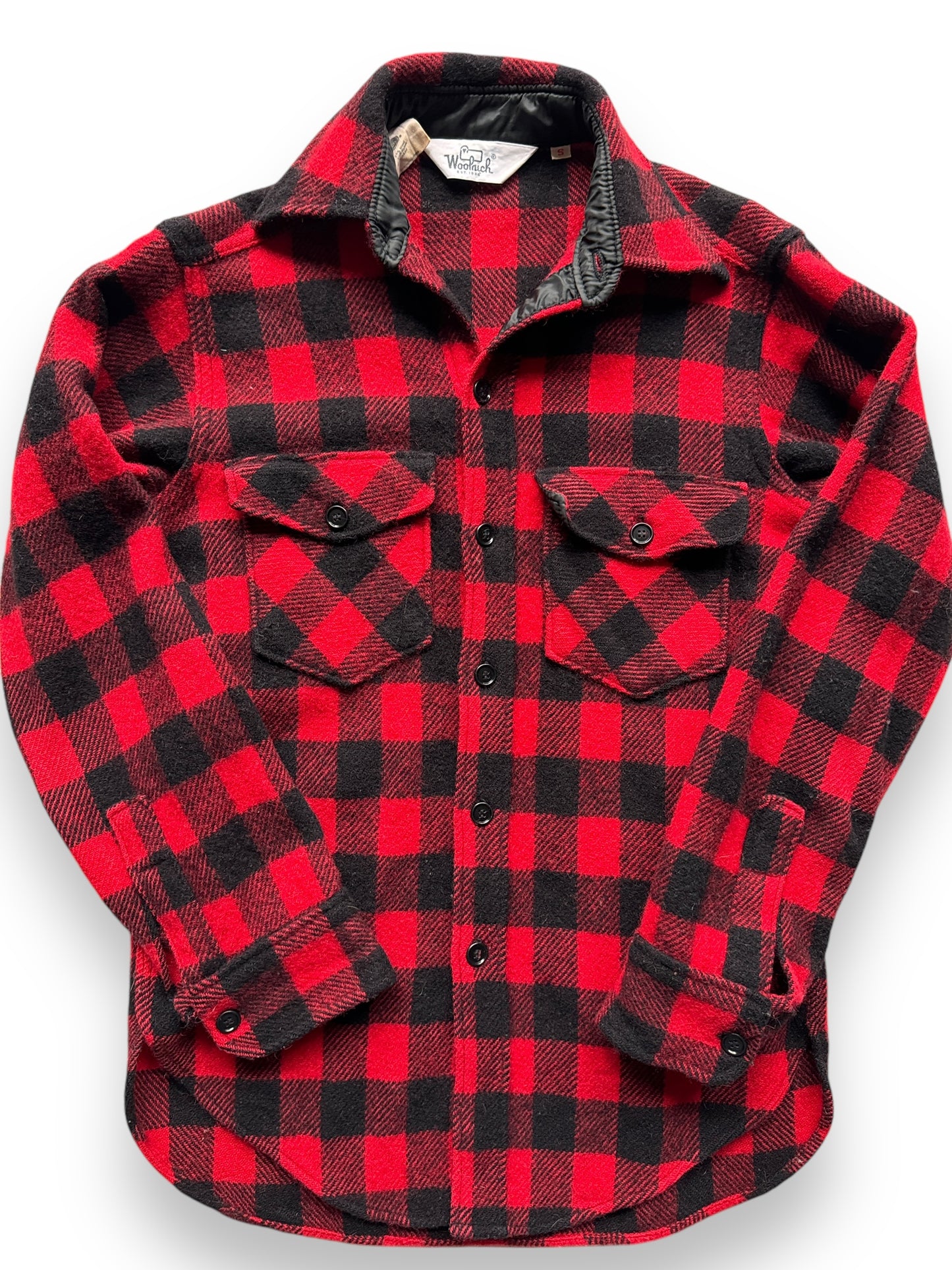 front close up of Vintage Woolrich Buffalo Plaid Wool Flannel SZ S