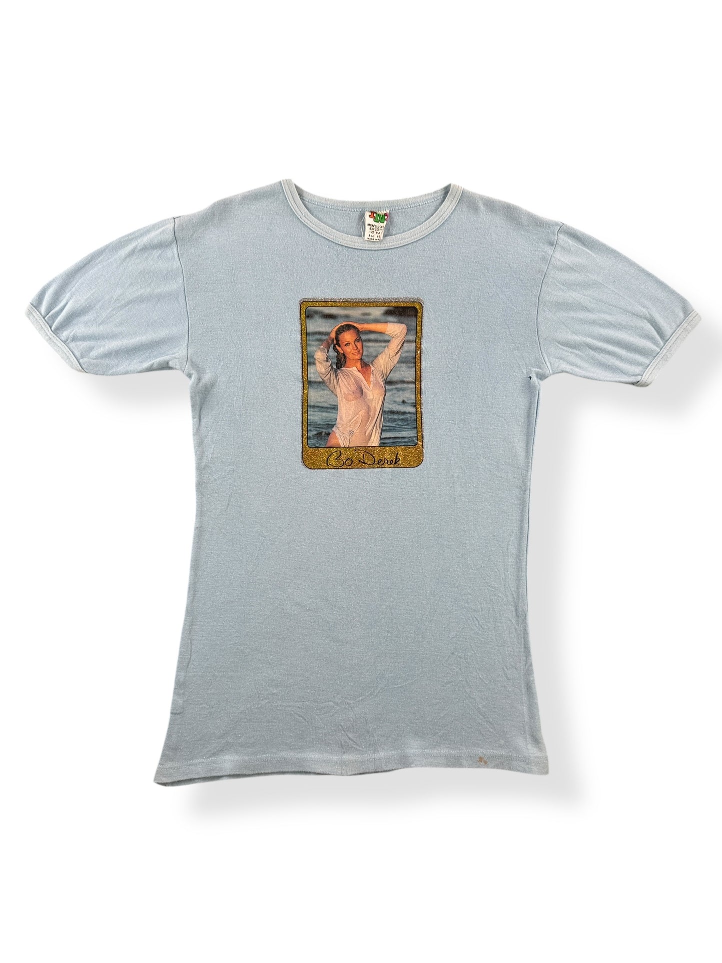 Front of Vintage Romanian Bo Derek Iron On Tee SZ L (Fits S)