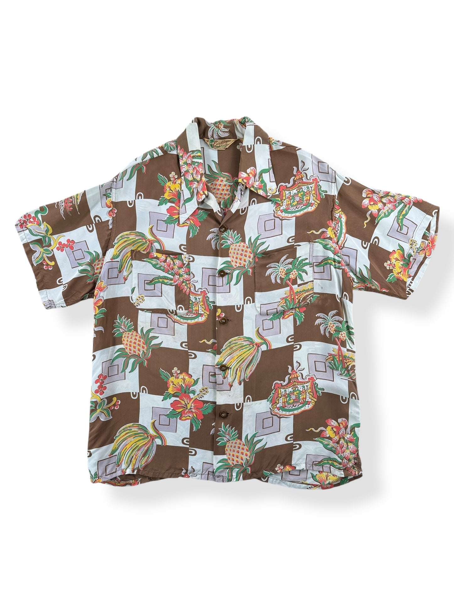 Front of Vintage Berketowne of Hollywood Aloha Shirt SZ M AS IS