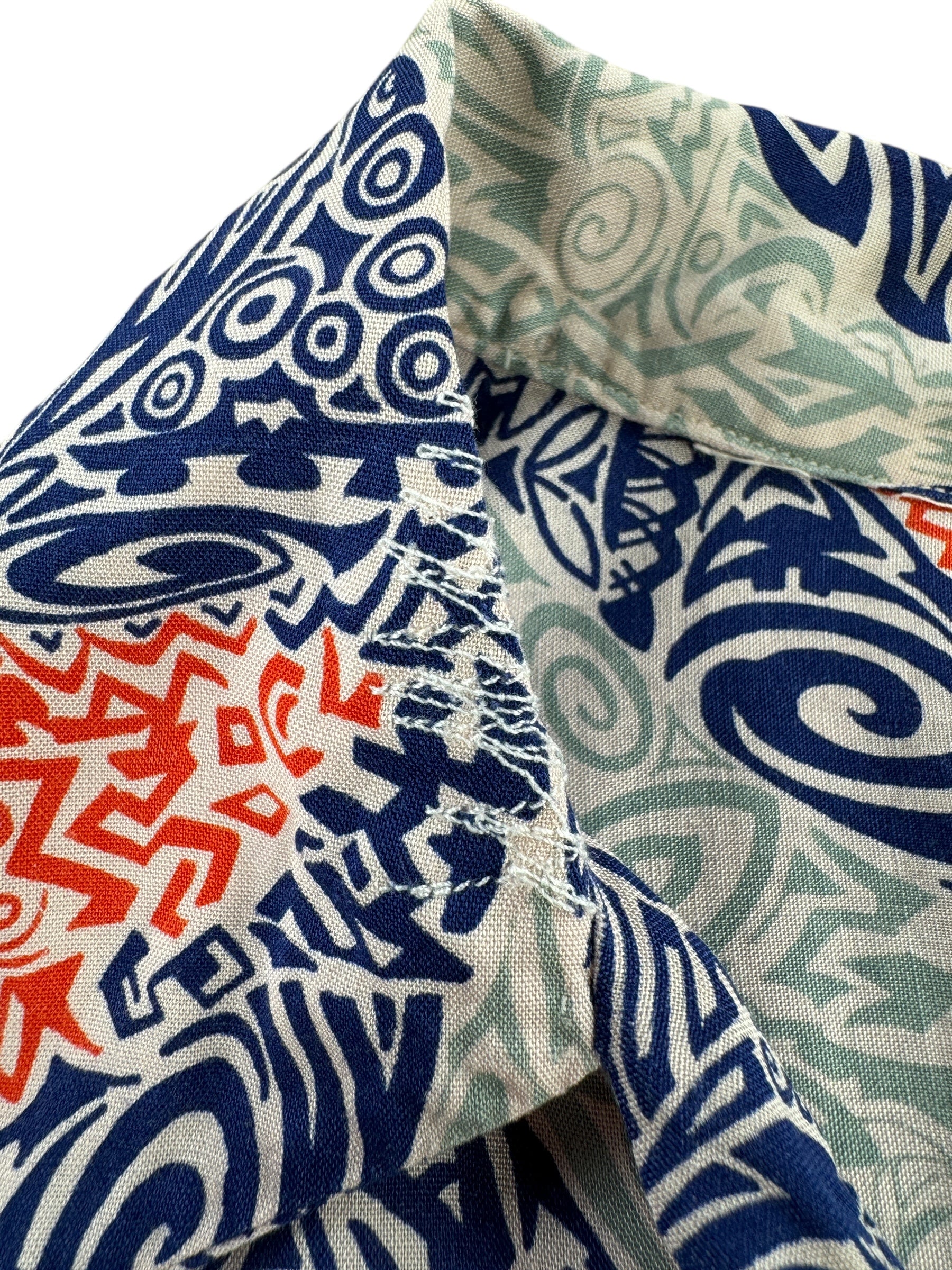 Repair on Collar of Vintage Repaired Arrow Sanforset Rayon Aloha Shirt SZ L