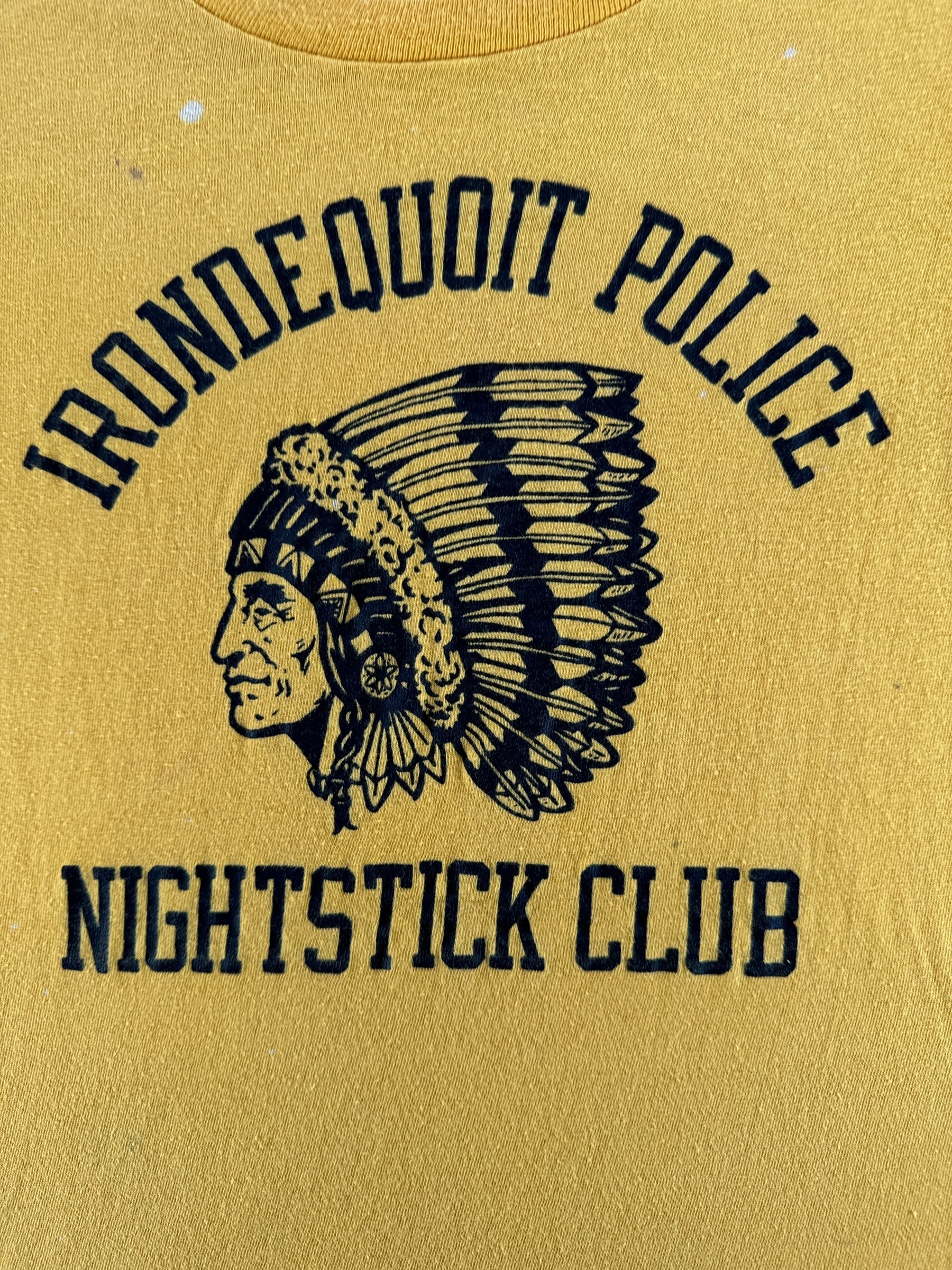 Front Graphic of Vintage Champion Blue Bar Irondequoit Police Tee SZ XS