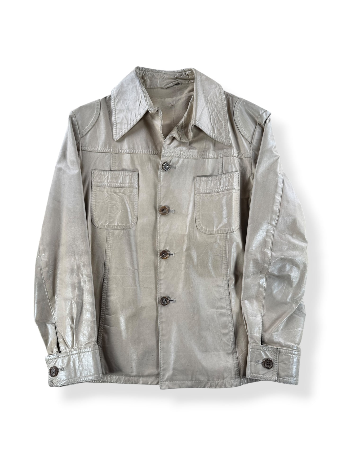 Front of Vintage 70s Beige Leather Coat SZ L
