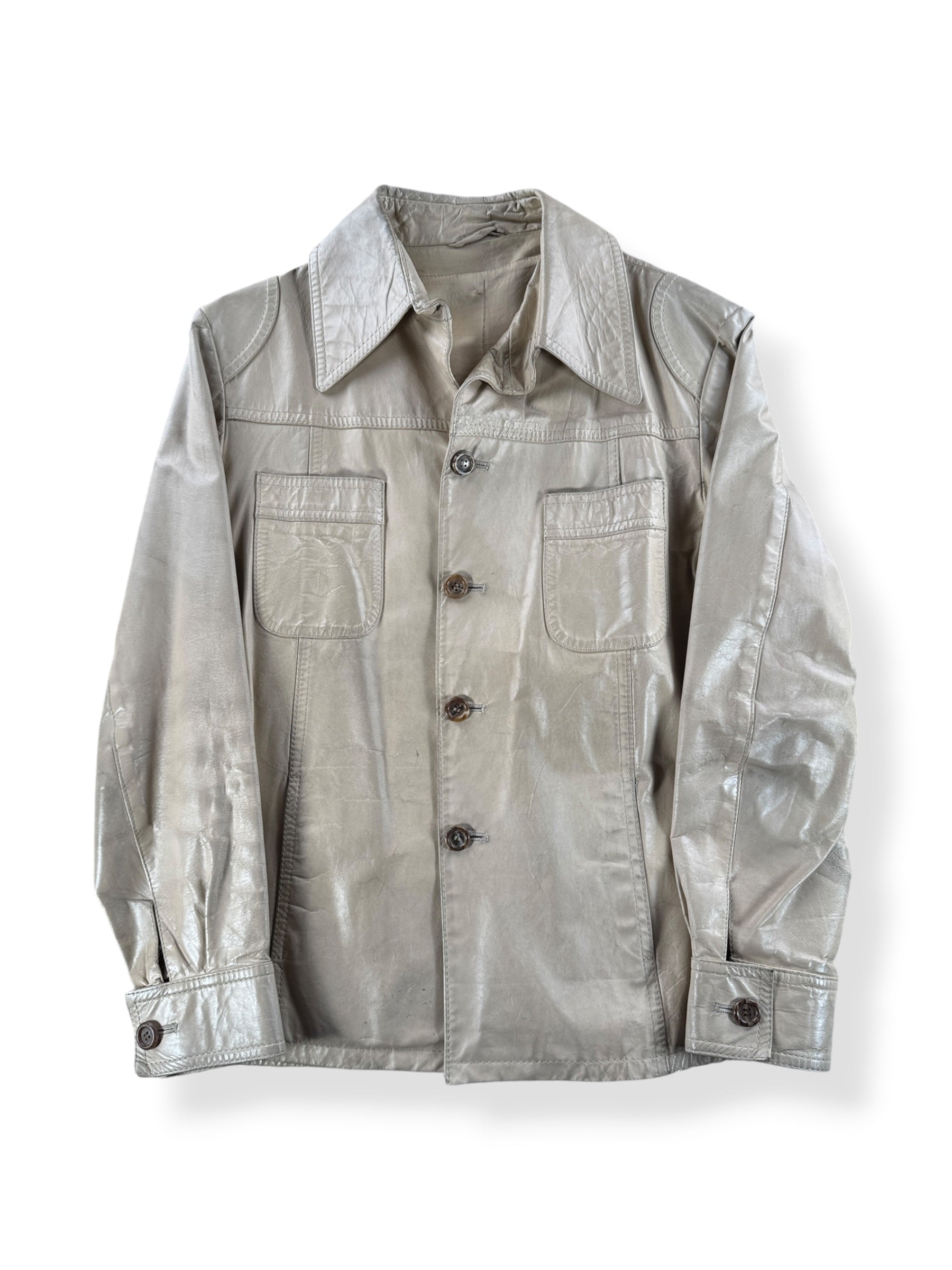 Front of Vintage 70s Beige Leather Coat SZ L