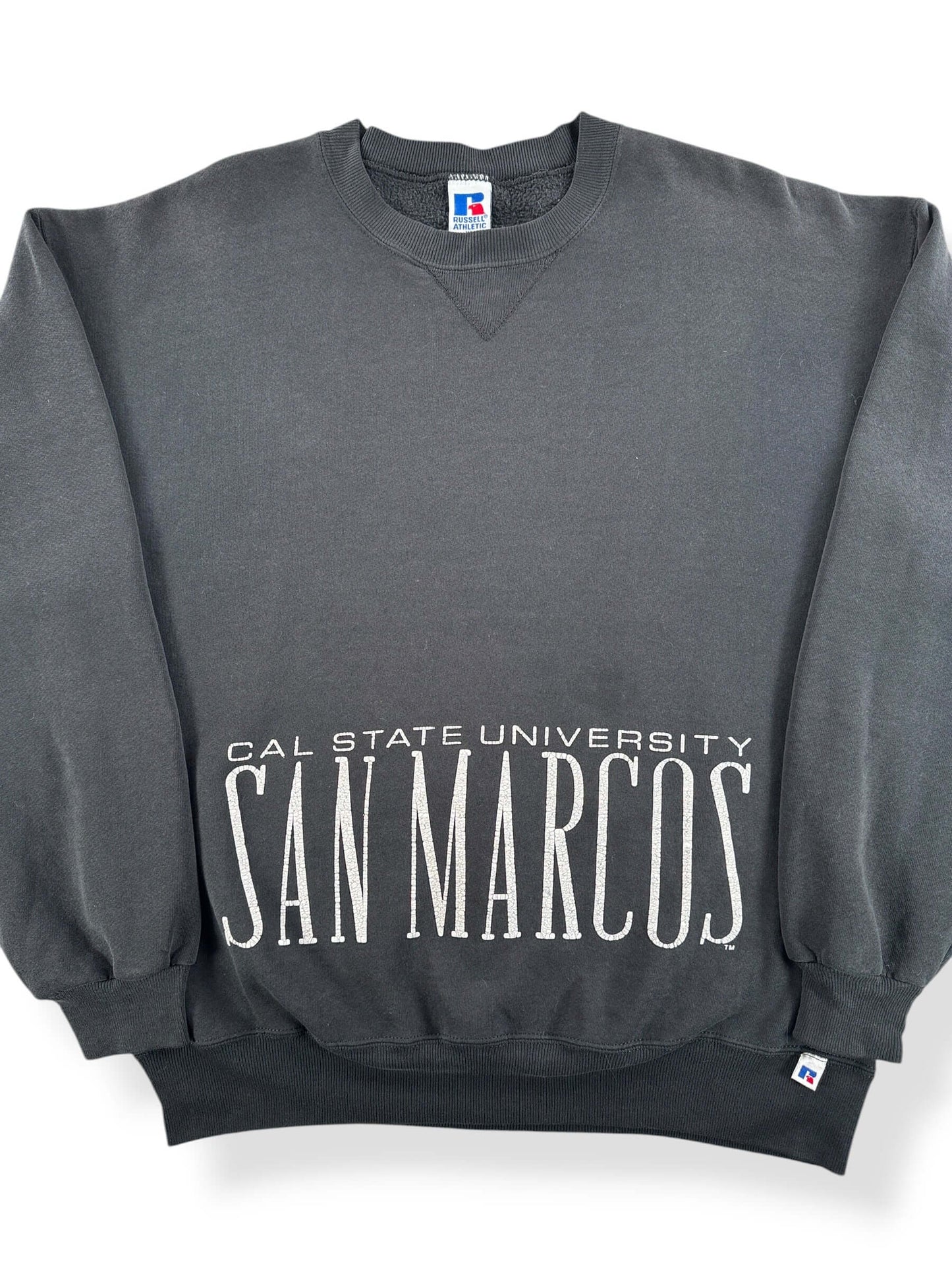 Front Close Up of Vintage Russell Cal State San Marcos Black Crewneck SZ XL (Fits L)