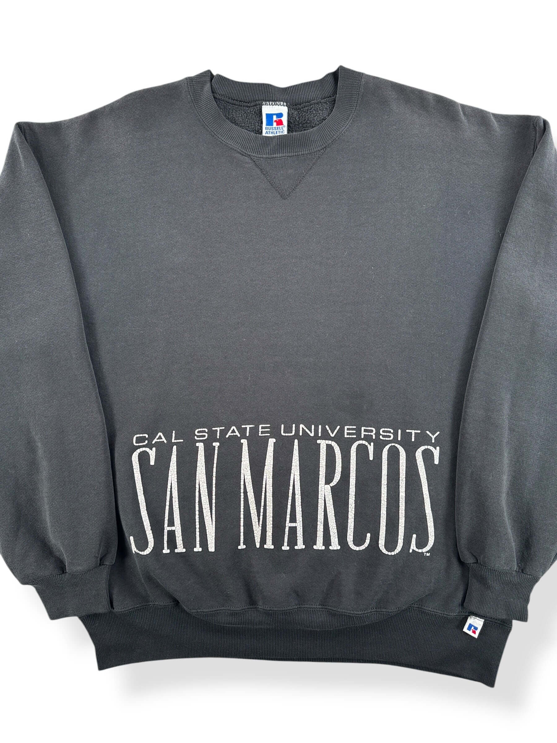 Front Close Up of Vintage Russell Cal State San Marcos Black Crewneck SZ XL (Fits L)