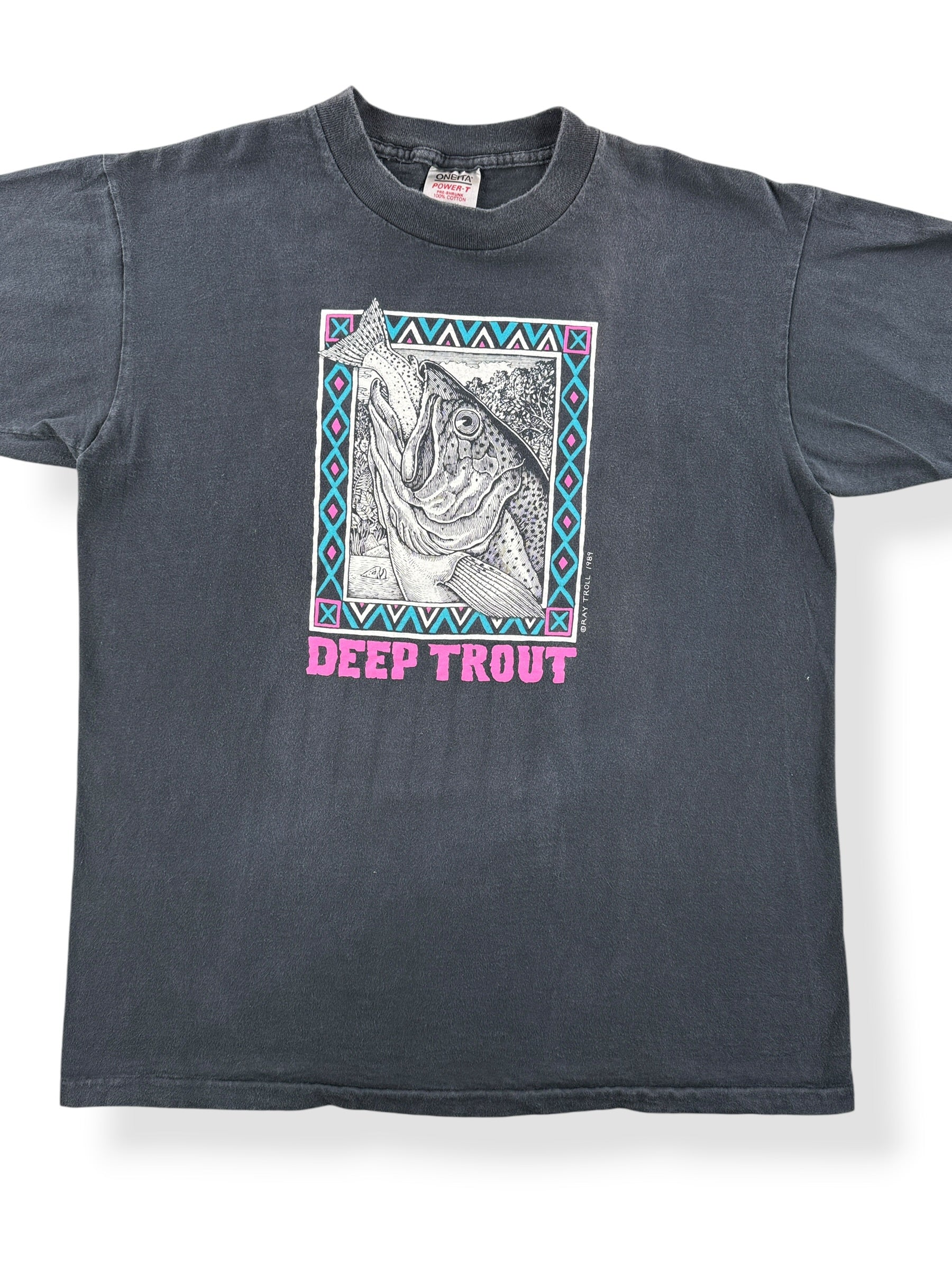 Front Close Up of Vintage Ray Troll 80s "Deep Trout" Tee SZ XL (Fits L)