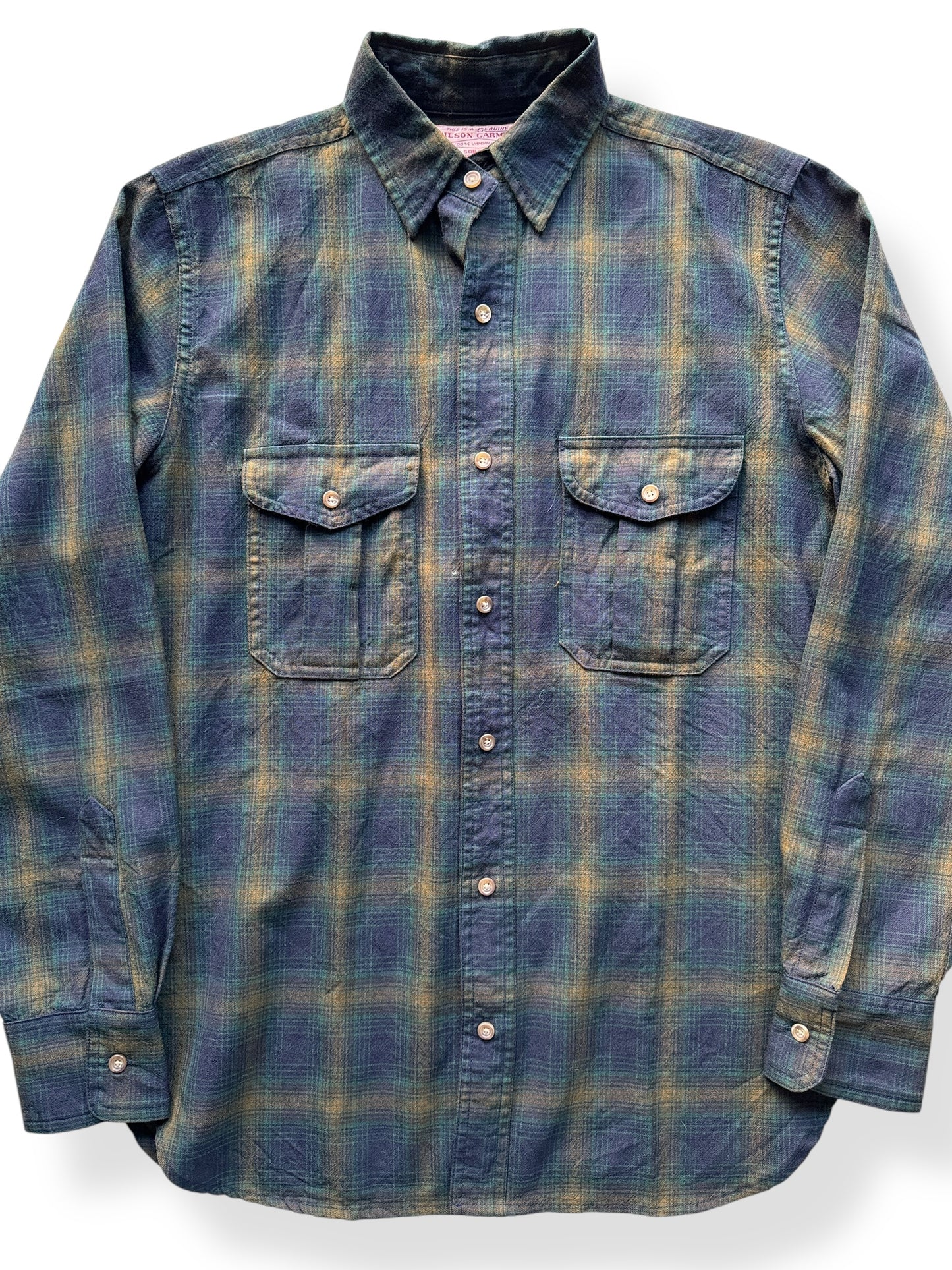 Front Close Up of Filson Green & Brown Wool Flannel SZ S