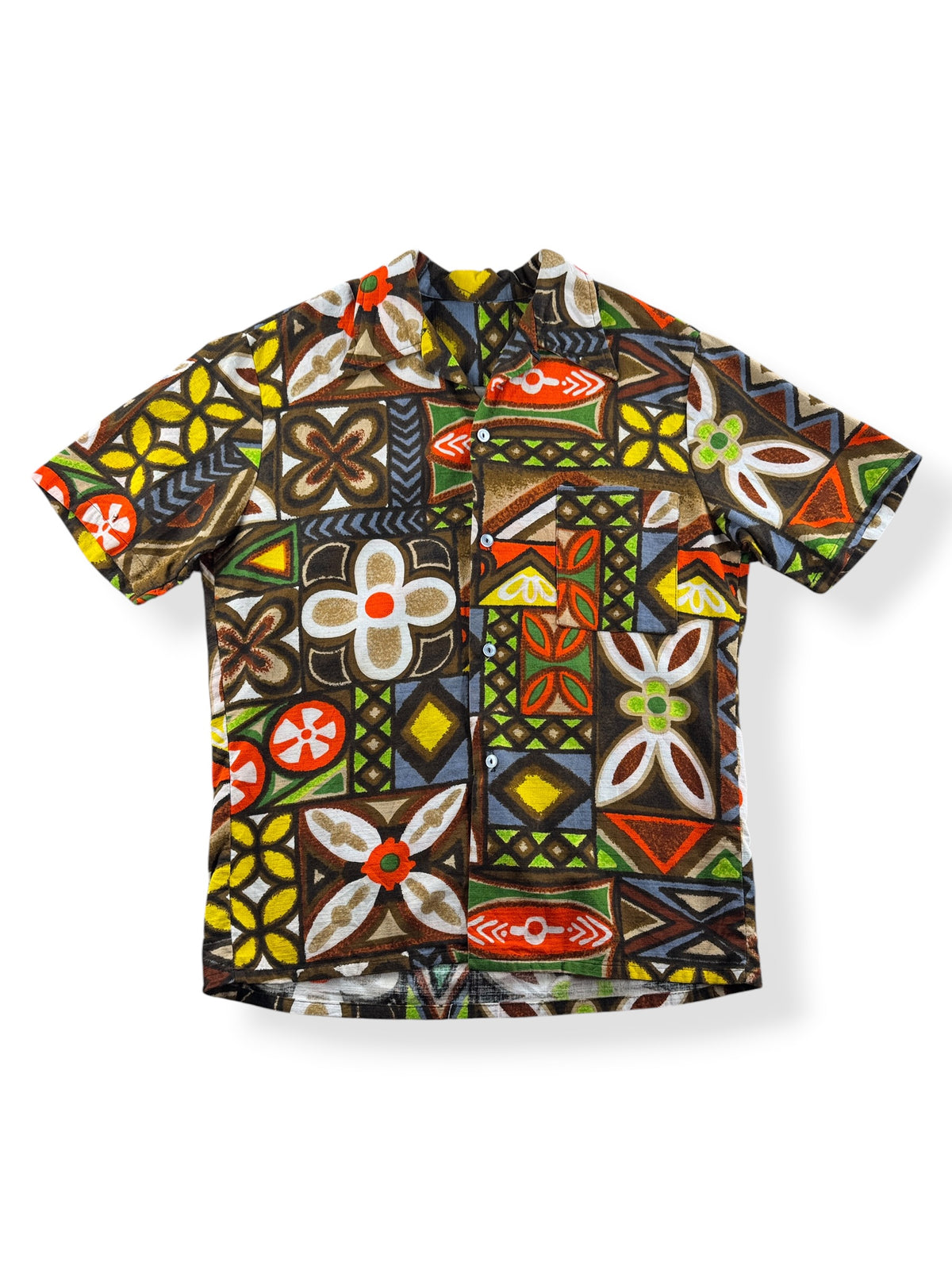 Front of Vintage Floral Barkcloth Aloha Shirt SZ M
