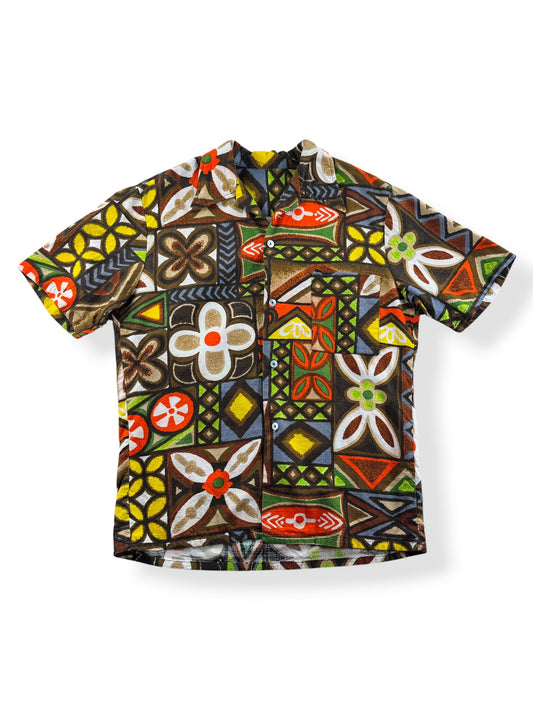 Front of Vintage Floral Barkcloth Aloha Shirt SZ M
