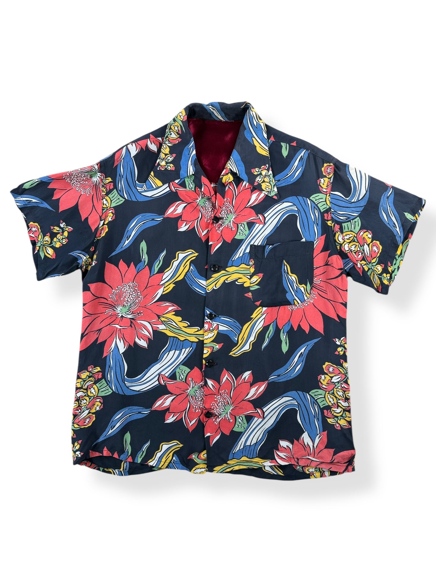 Front of Vintage Blue Made in California Aloha Floral Print Shirt SZ M